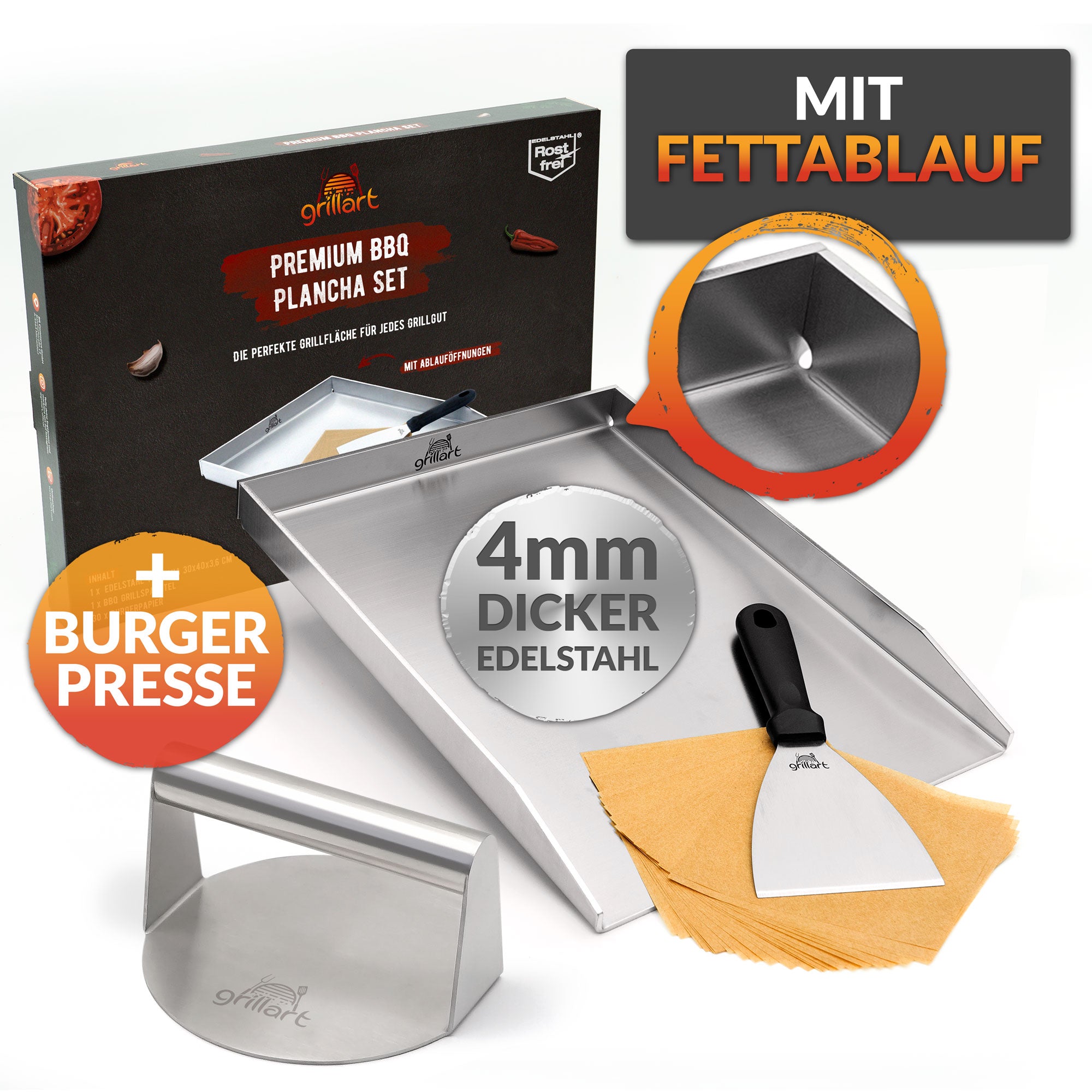 Premium Plancha Grillplatte aus hochwertigem Edelstahl inkl. Grillspachtel - hergestellt in Österreich (Induktionsgeeignet) - grillart®