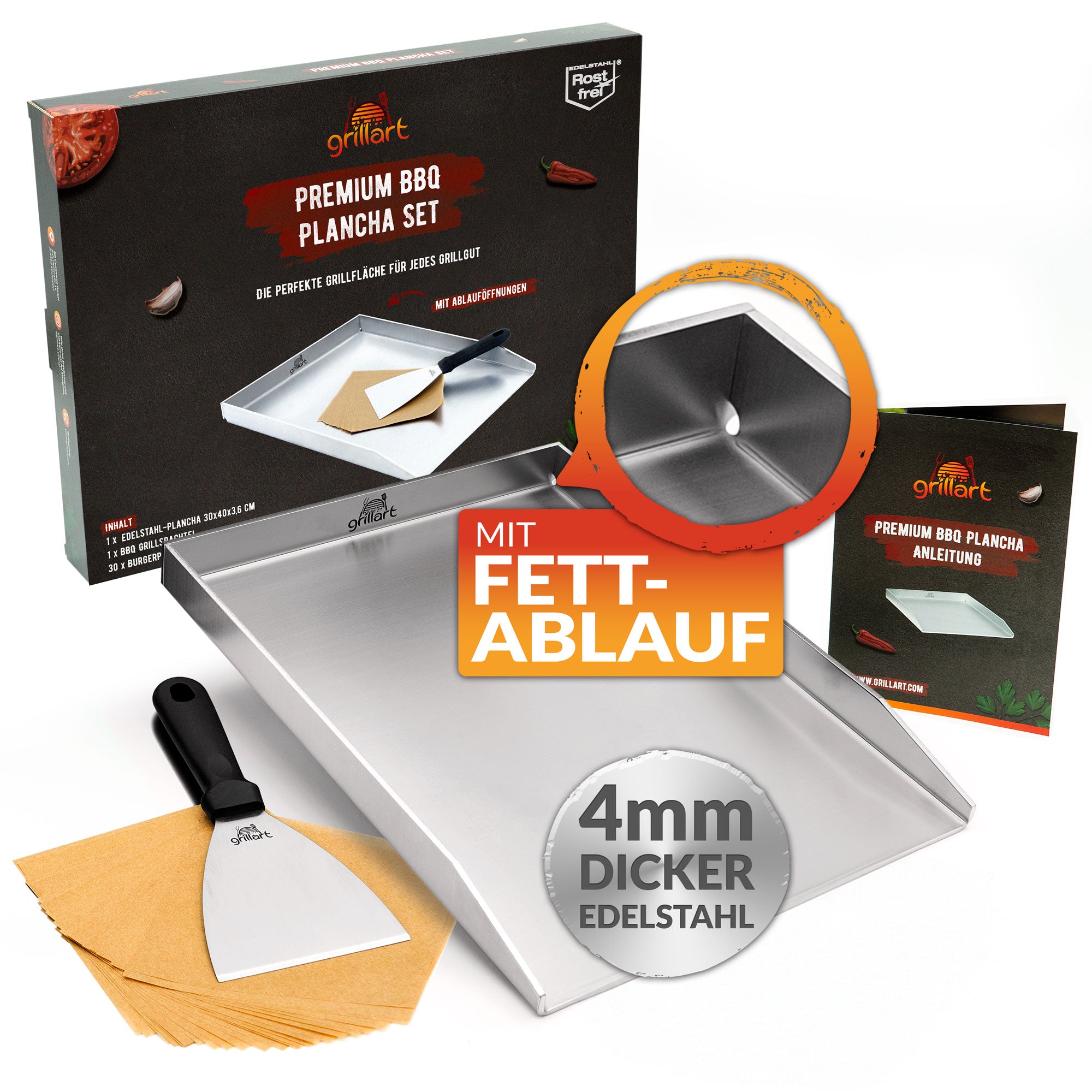 Premium Plancha Grillplatte aus hochwertigem Edelstahl inkl. Grillspachtel - hergestellt in Österreich (Induktionsgeeignet) - grillart®