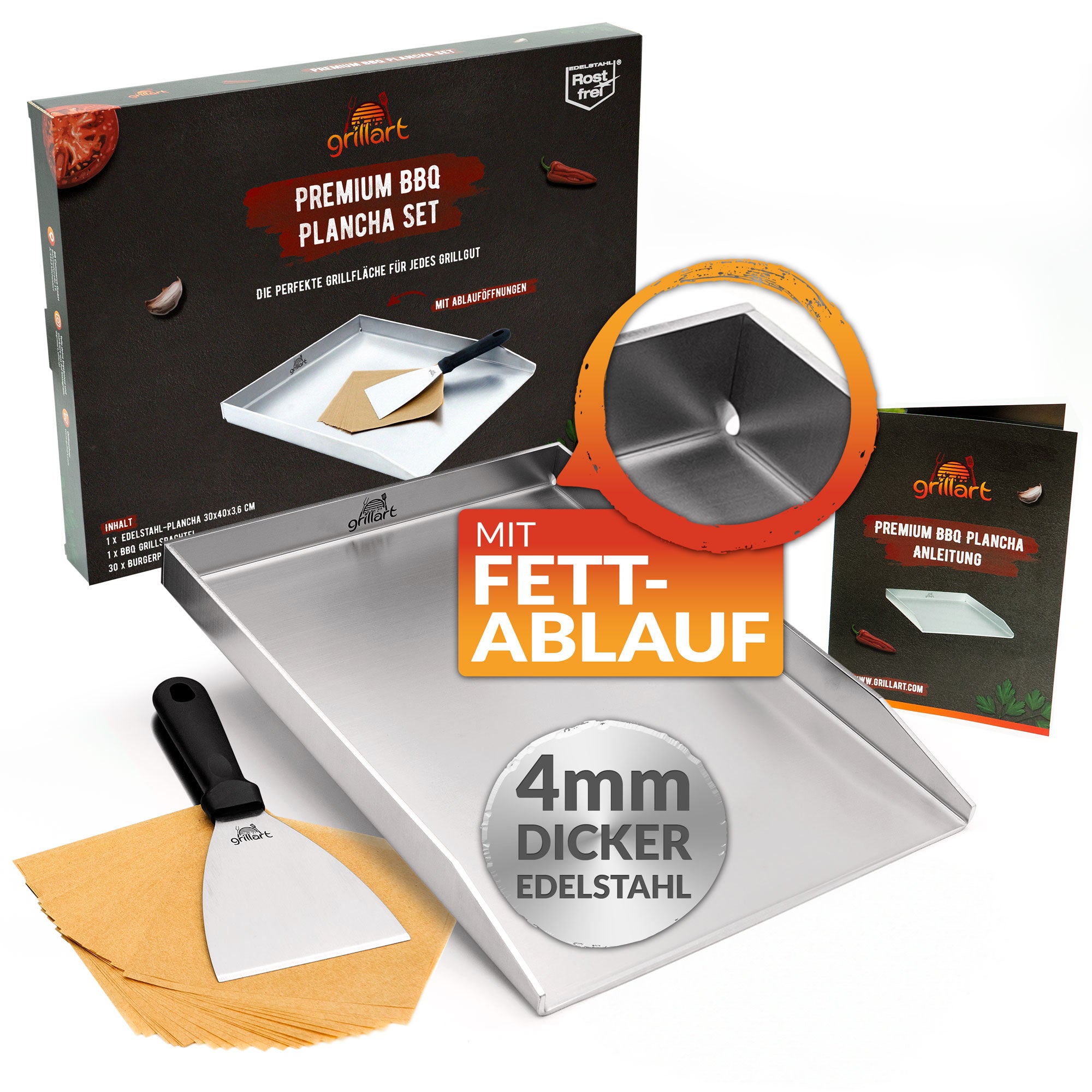 Premium Plancha Grillplatte aus hochwertigem Edelstahl inkl. Grillspachtel und Burgerpapier (Induktionsgeeignet) - grillart®