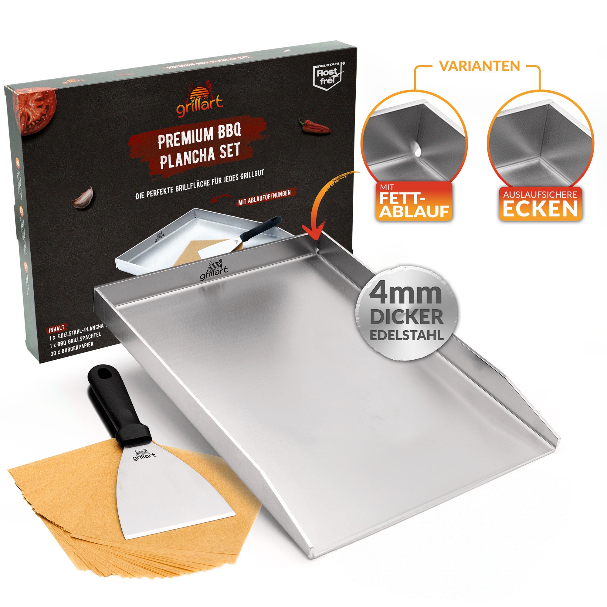 Premium Plancha Grillplatte aus hochwertigem Edelstahl inkl. Grillspachtel und Burgerpapier (Induktionsgeeignet) - grillart®