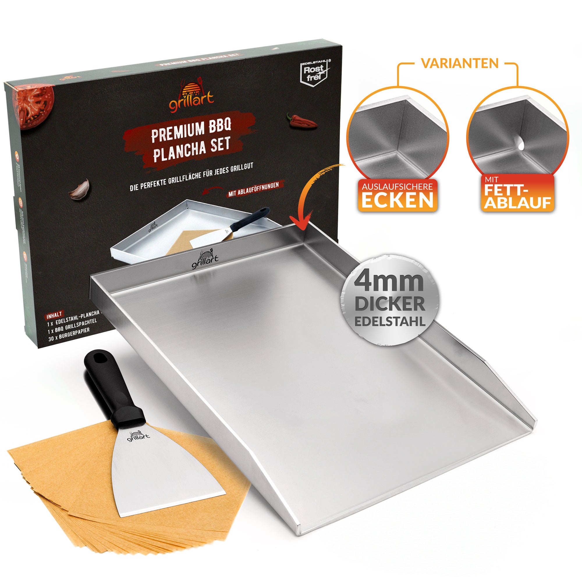 Premium Plancha Grillplatte aus hochwertigem Edelstahl inkl. Grillspachtel und Burgerpapier (Induktionsgeeignet)