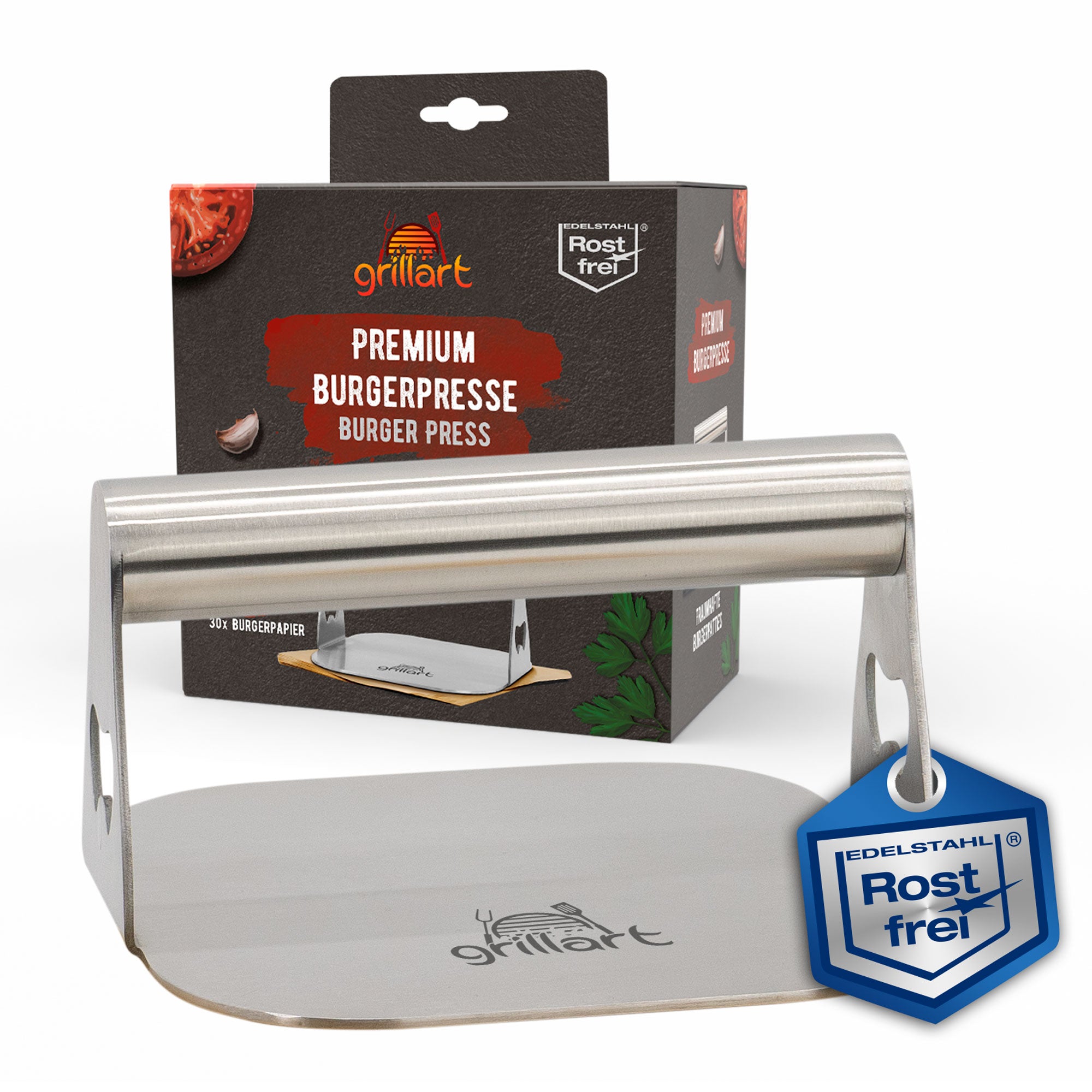 Premium Burgerpresse aus hochwertigem Edelstahl für Smashed Burger inkl. 30 Stk Burgerpapier - grillart®