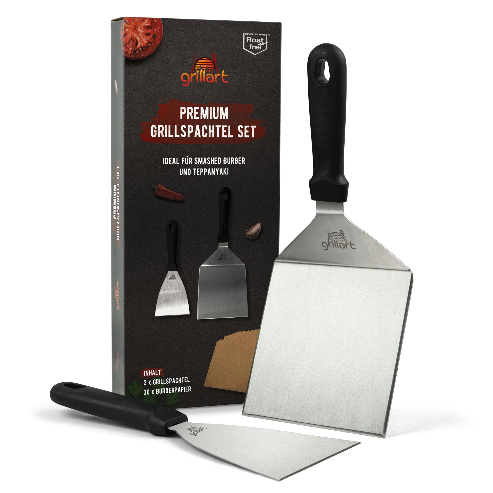 Premium Grillspachtel Set aus hochwertigem Edelstahl für Smashed Burger inkl. 30 Stk Burgerpapier – Grillspachtel für Plancha & Teppanyaki - grillart®