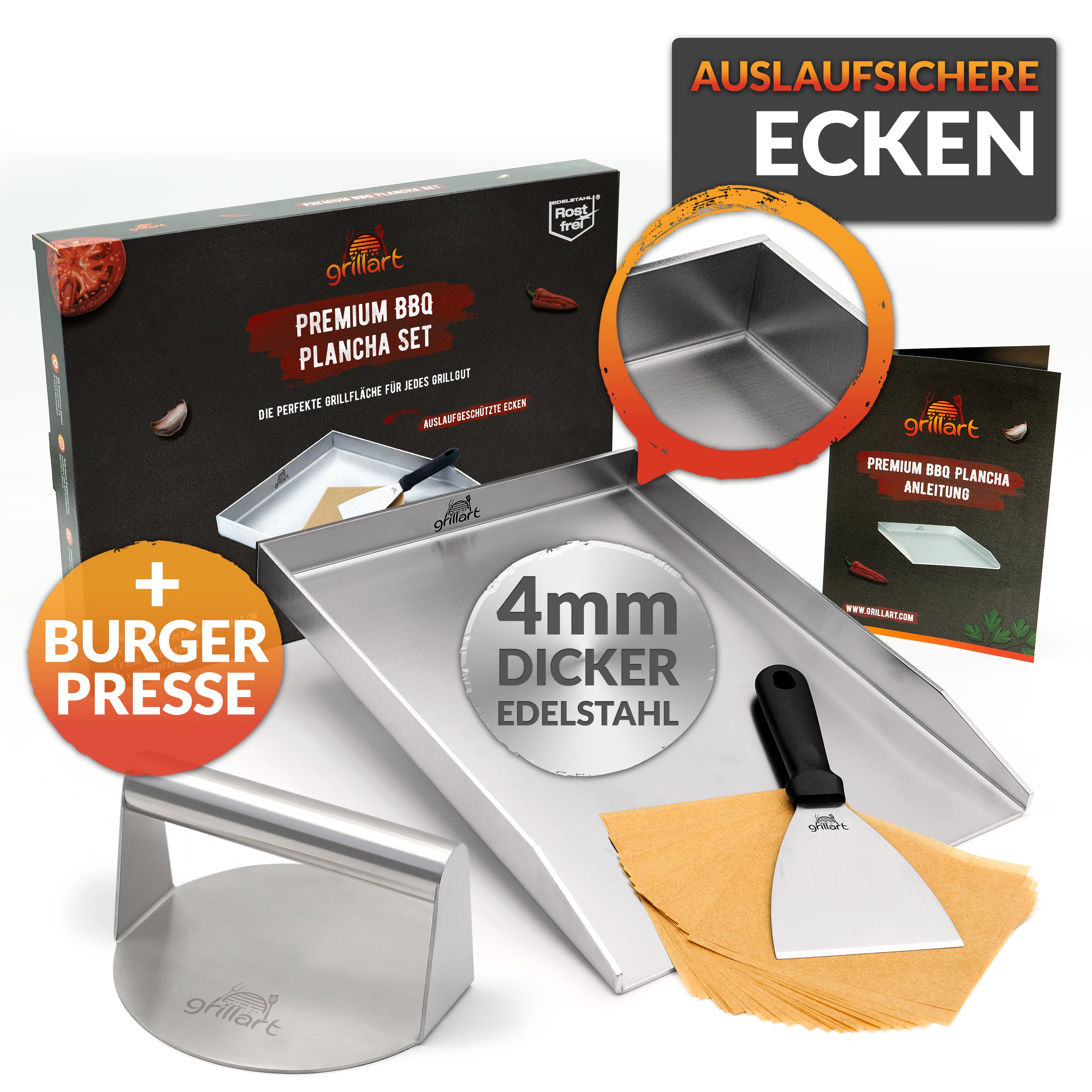 Premium Plancha Grillplatte aus hochwertigem Edelstahl inkl. Grillspachtel - hergestellt in Österreich (Induktionsgeeignet) - grillart®