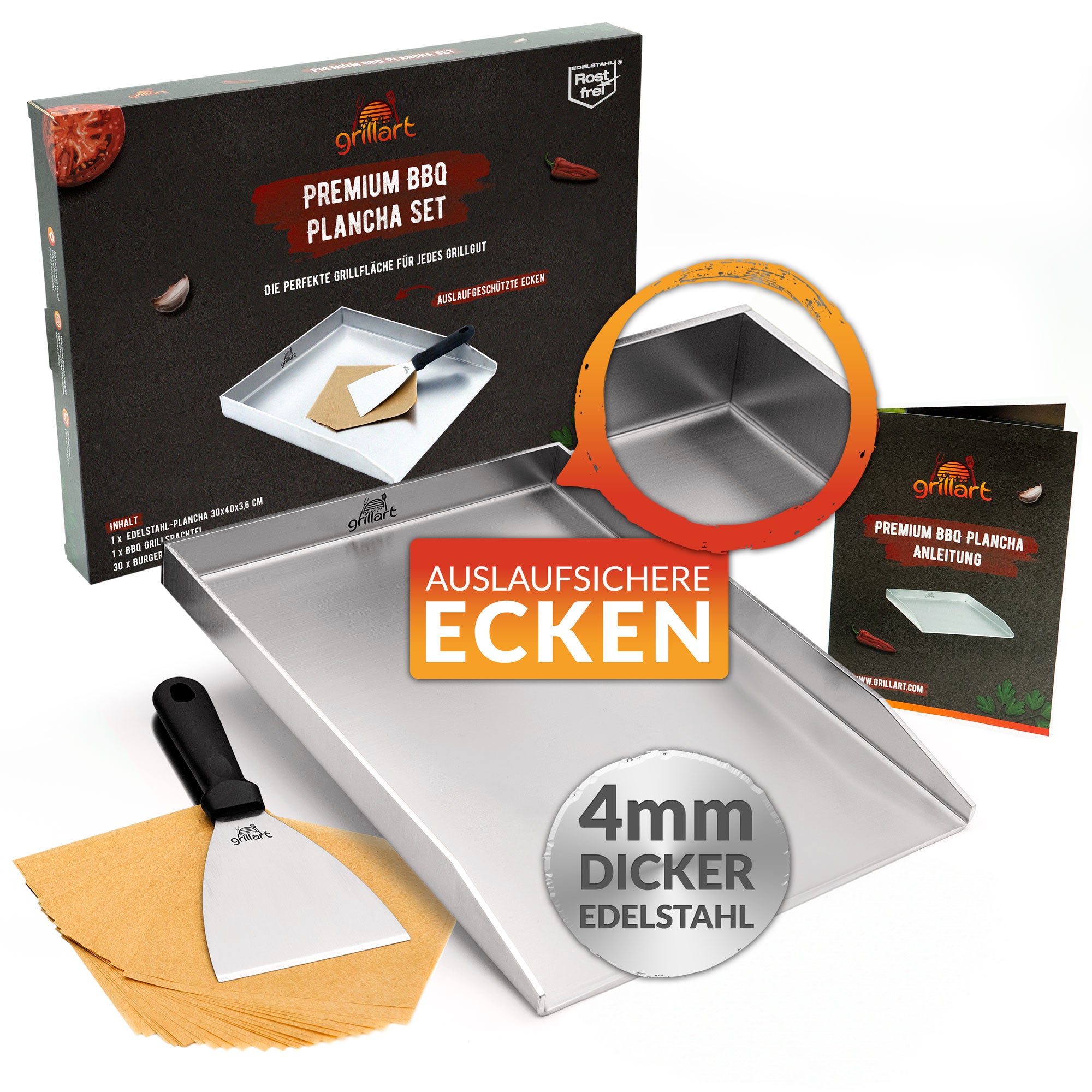 Premium Plancha Grillplatte aus hochwertigem Edelstahl inkl. Grillspachtel und Burgerpapier (Induktionsgeeignet) - grillart®