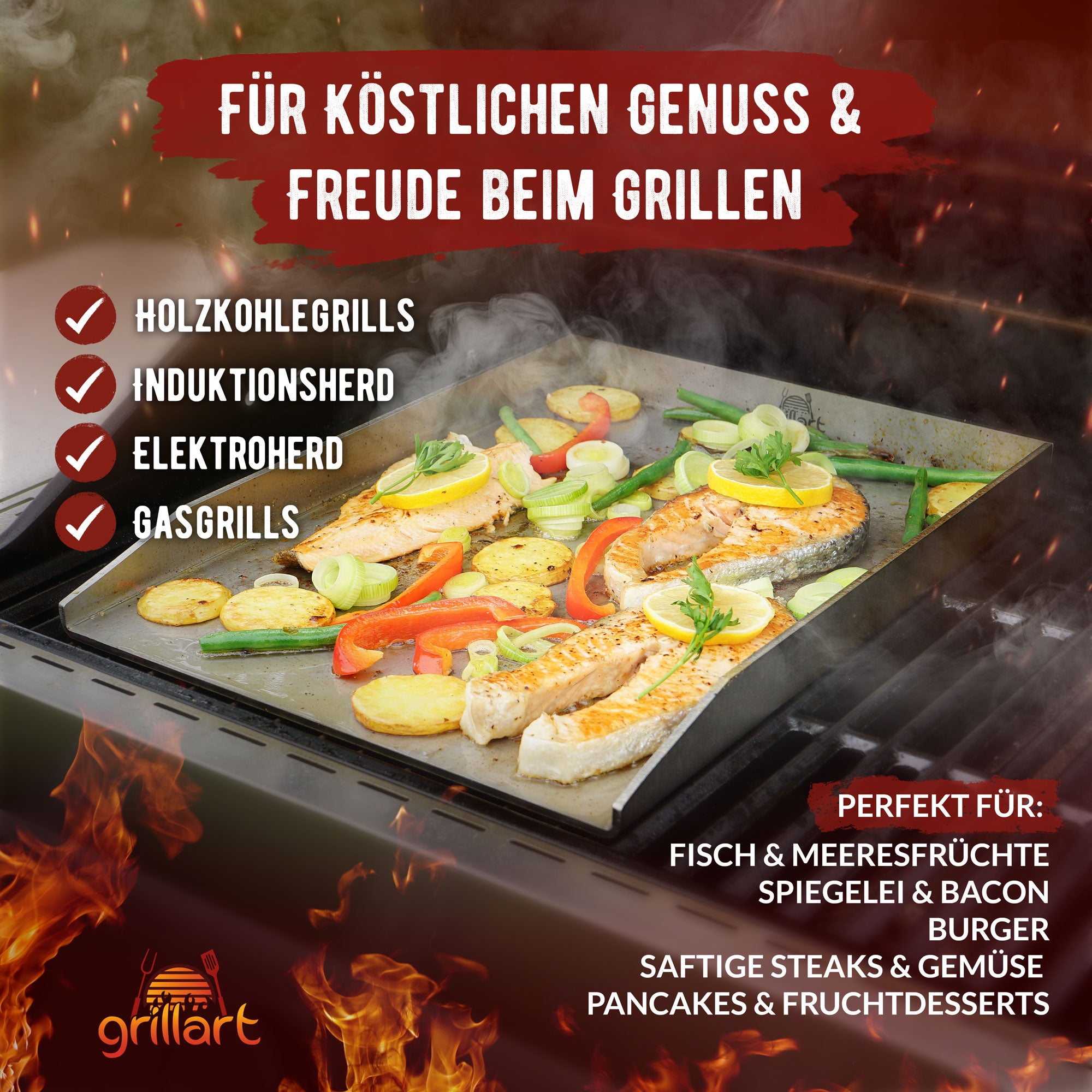 Premium Plancha Grillplatte aus hochwertigem Edelstahl inkl. Grillspachtel - hergestellt in Österreich (Induktionsgeeignet) - grillart®