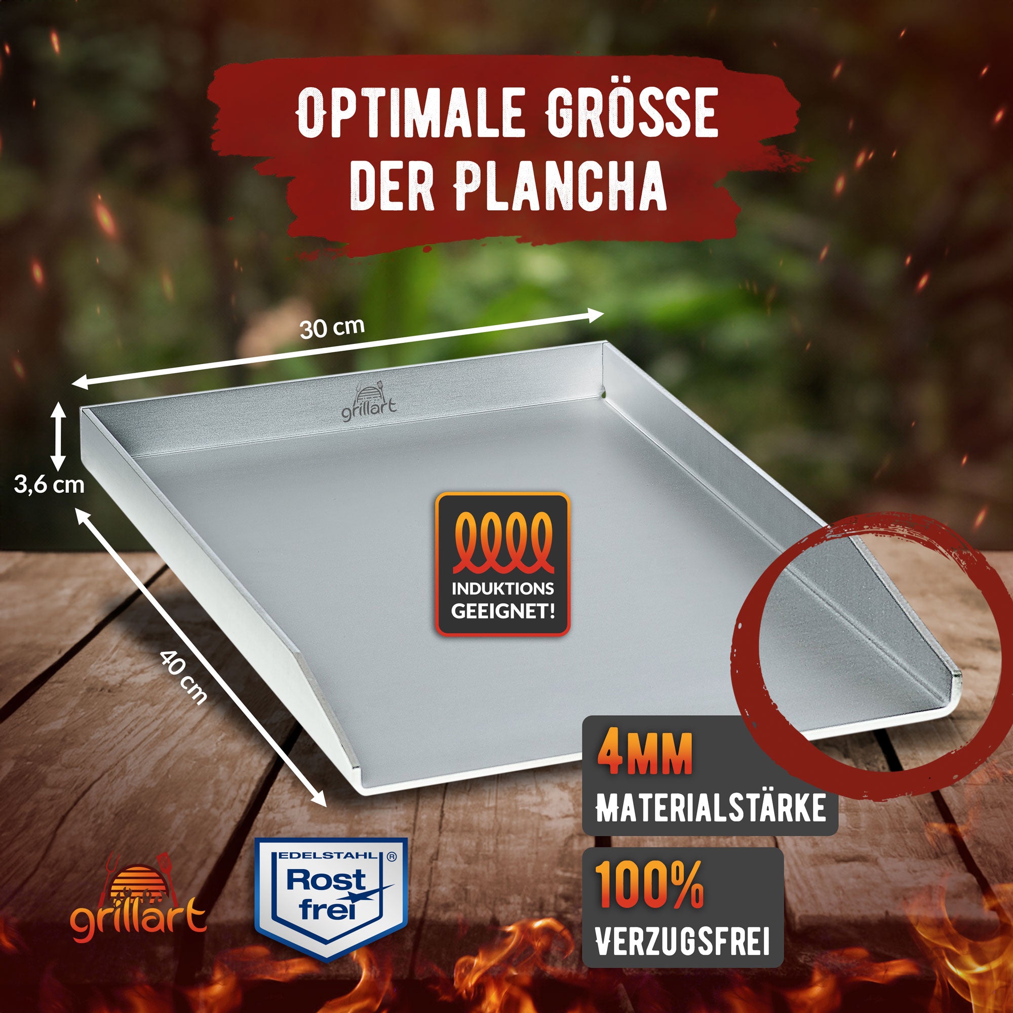 Premium Plancha Grillplatte aus hochwertigem Edelstahl inkl. Grillspachtel - hergestellt in Österreich (Induktionsgeeignet) - grillart®