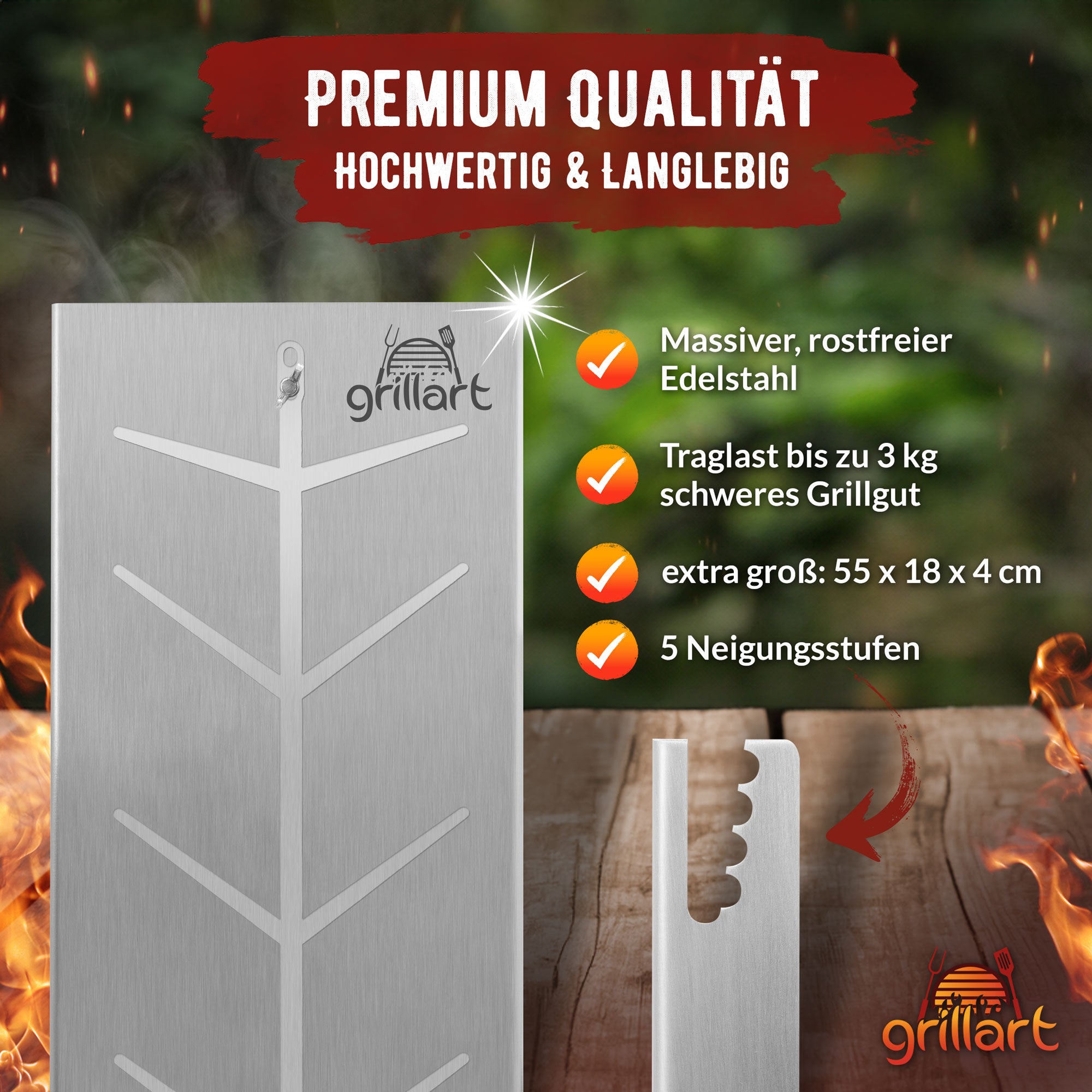 Premium Flammlachsbrett aus hochwertigem Edelstahl – 5-stufig verstellbar und um 180° drehbar - grillart®