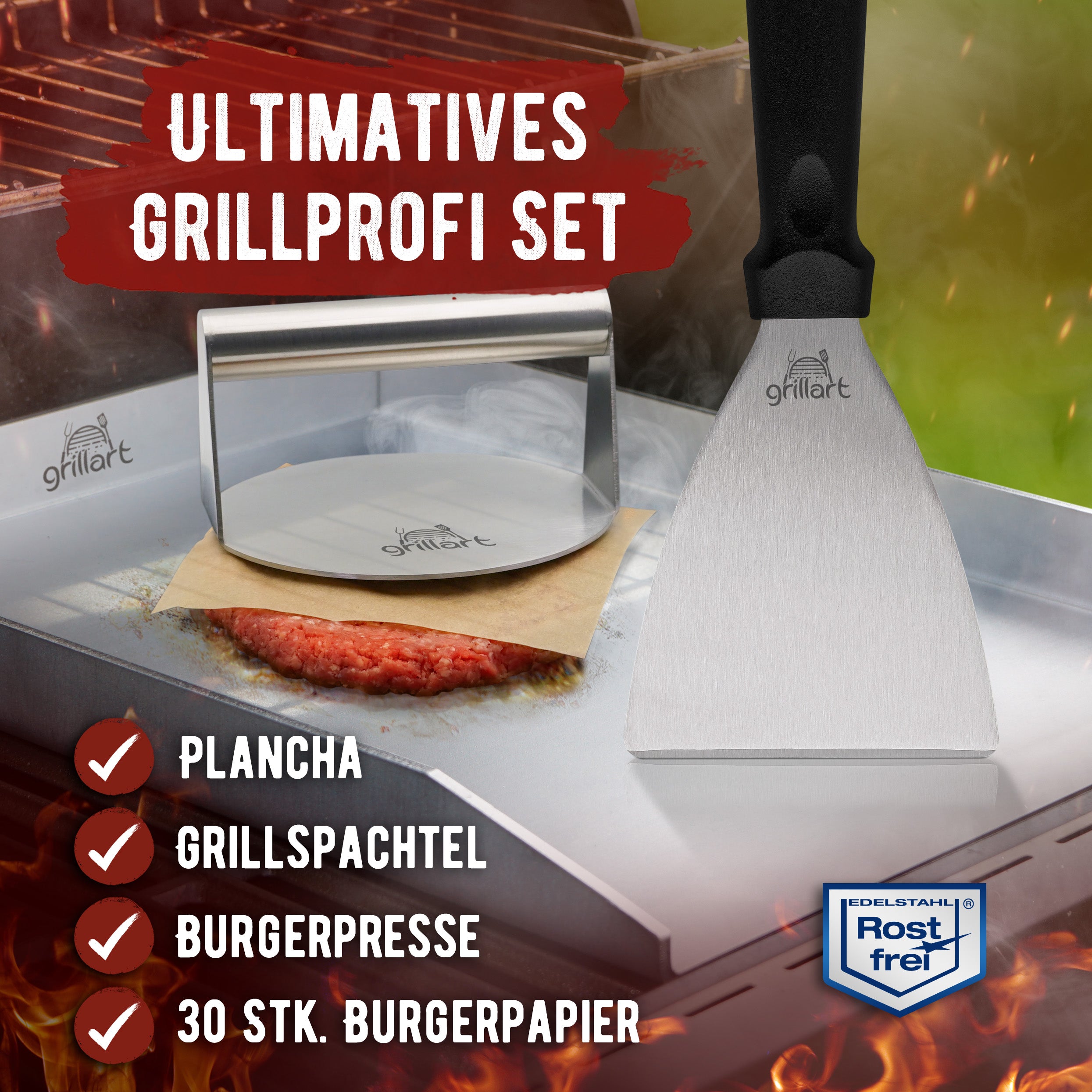 Premium Plancha Grillplatte aus hochwertigem Edelstahl inkl. Grillspachtel - hergestellt in Österreich (Induktionsgeeignet) - grillart®