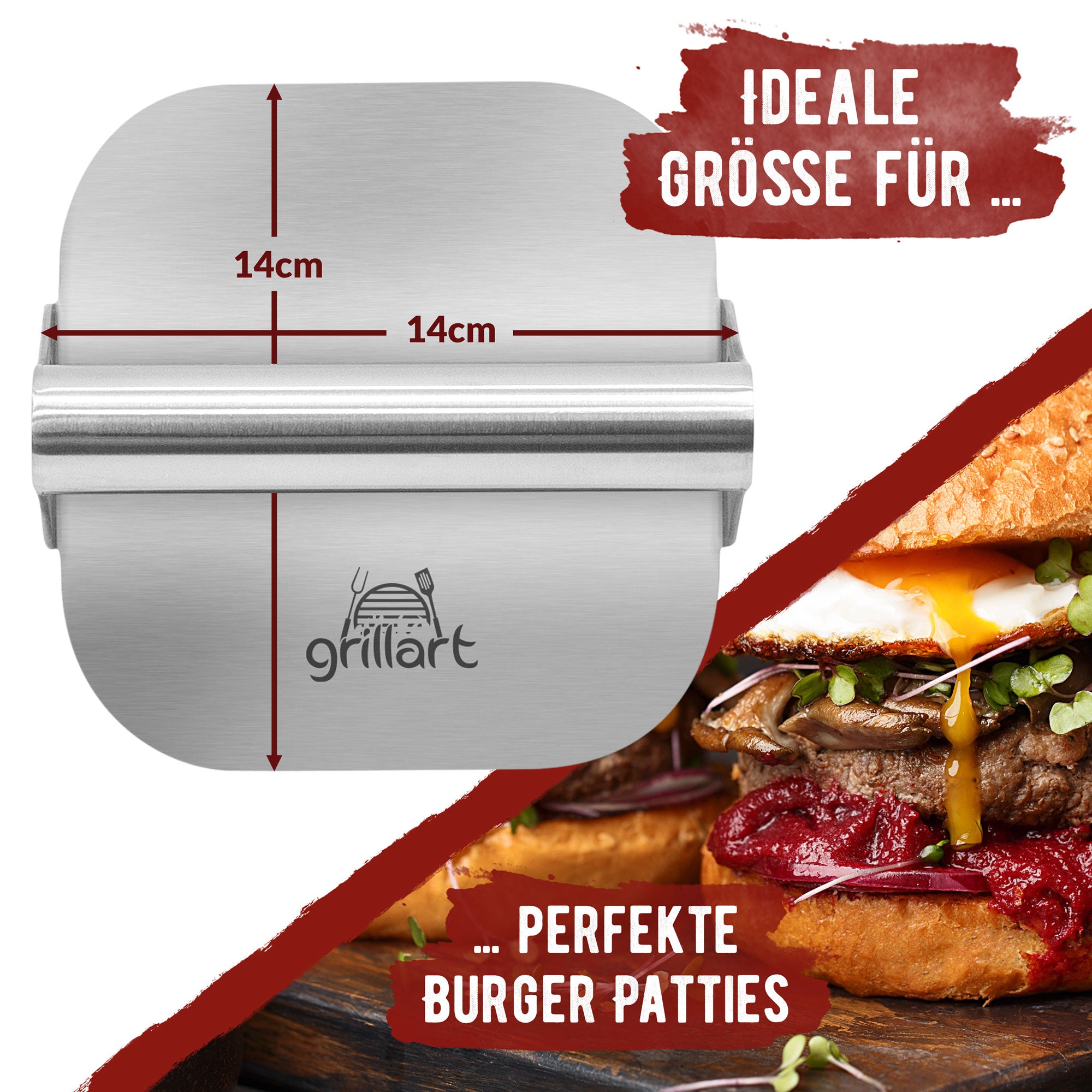 Premium Burgerpresse aus hochwertigem Edelstahl für Smashed Burger inkl. 30 Stk Burgerpapier - grillart®