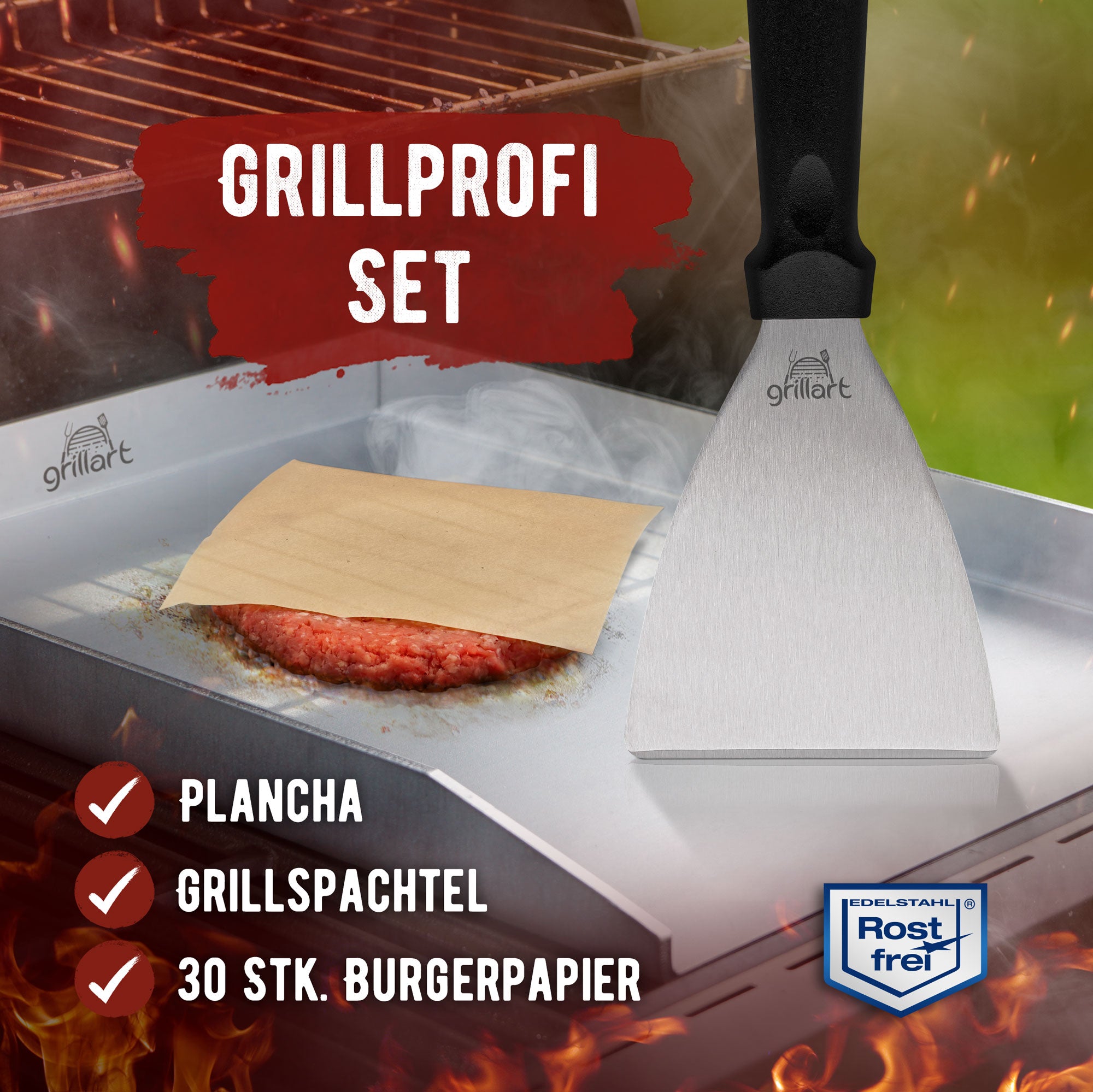 Premium Plancha Grillplatte aus hochwertigem Edelstahl inkl. Grillspachtel - hergestellt in Österreich (Induktionsgeeignet) - grillart®