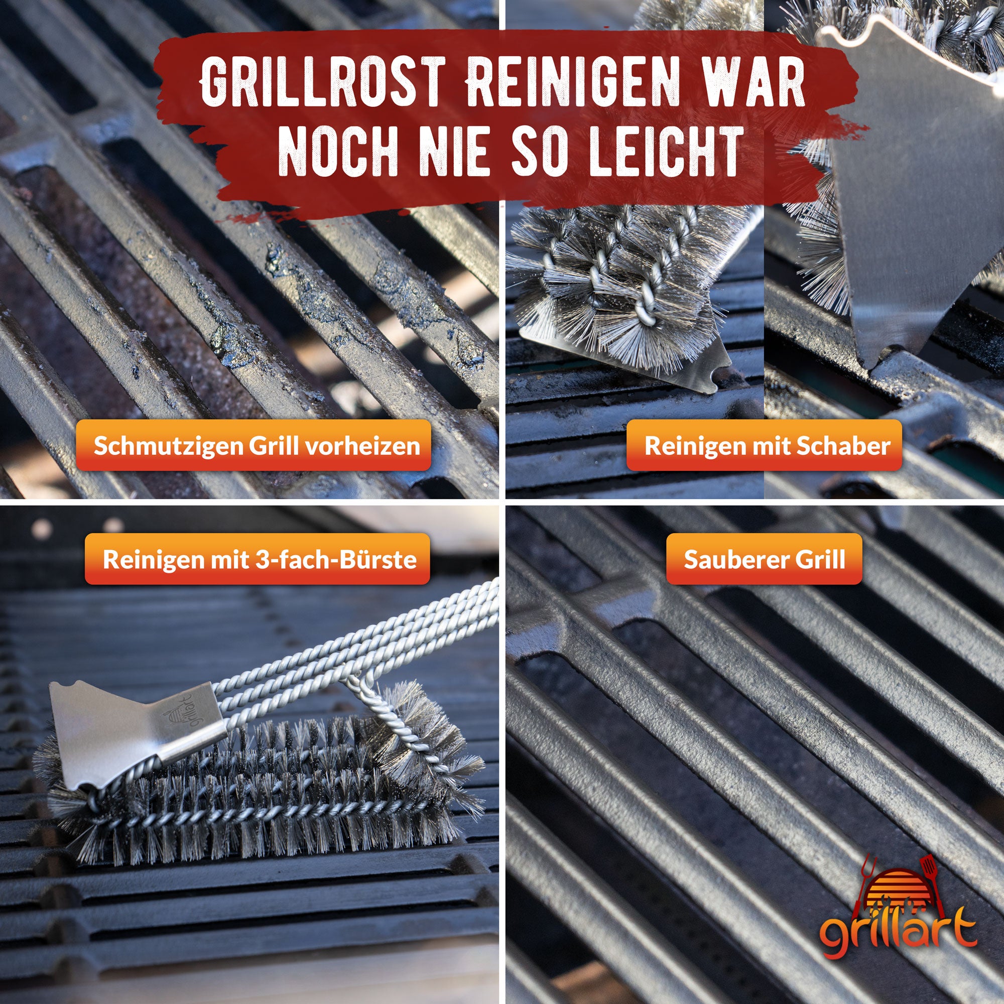 B-Ware! Hochwertige Profi BBQ Grillbürste aus Edelstahl - 360° Reinigung - Verpackung kann eingerissen oder beschädigt sein! - grillart®