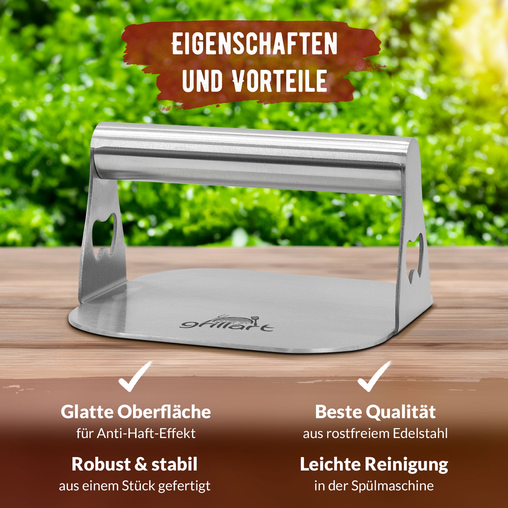 Premium Burgerpresse aus hochwertigem Edelstahl für Smashed Burger inkl. 30 Stk Burgerpapier - grillart®