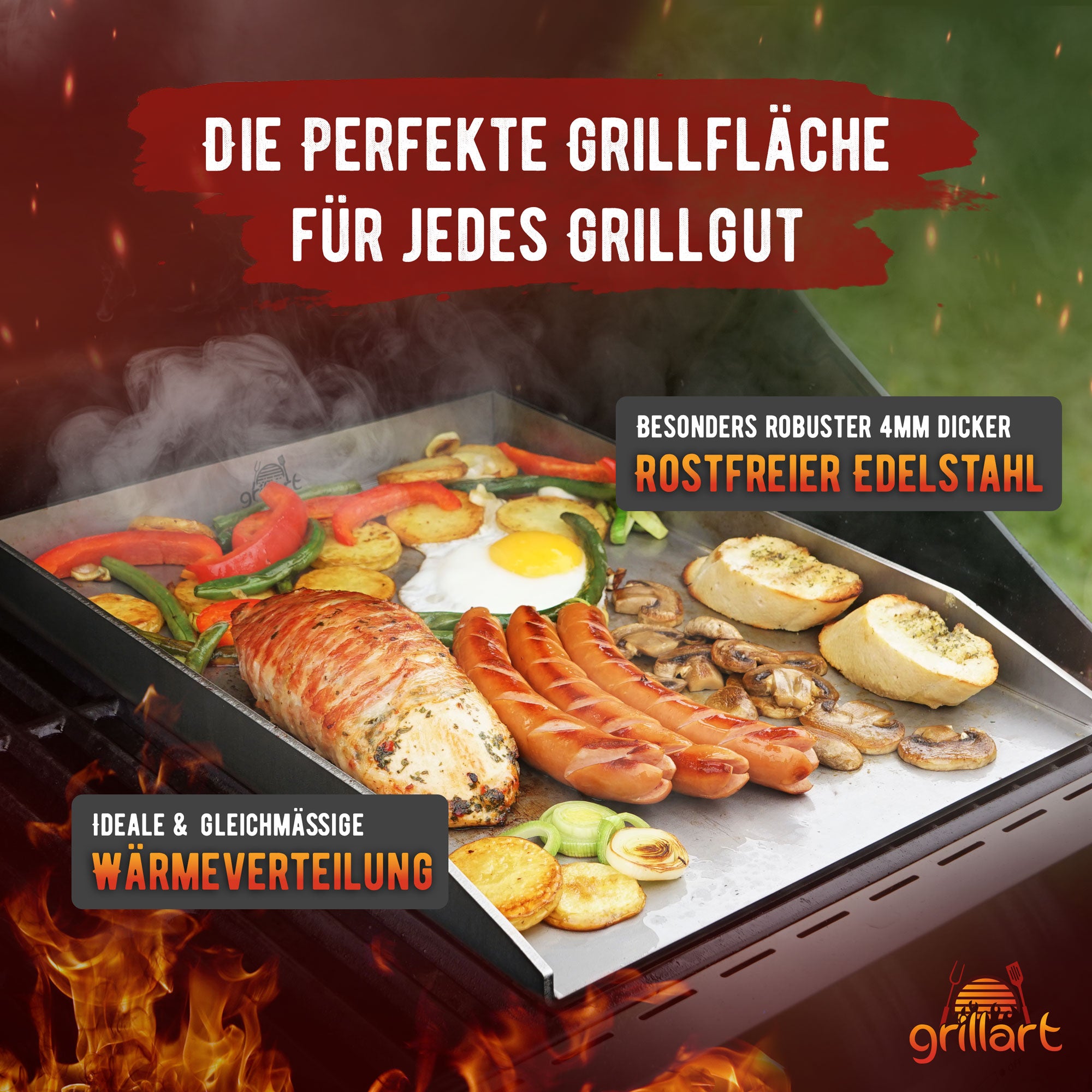 Premium Plancha Grillplatte aus hochwertigem Edelstahl inkl. Grillspachtel - hergestellt in Österreich (Induktionsgeeignet) - grillart®