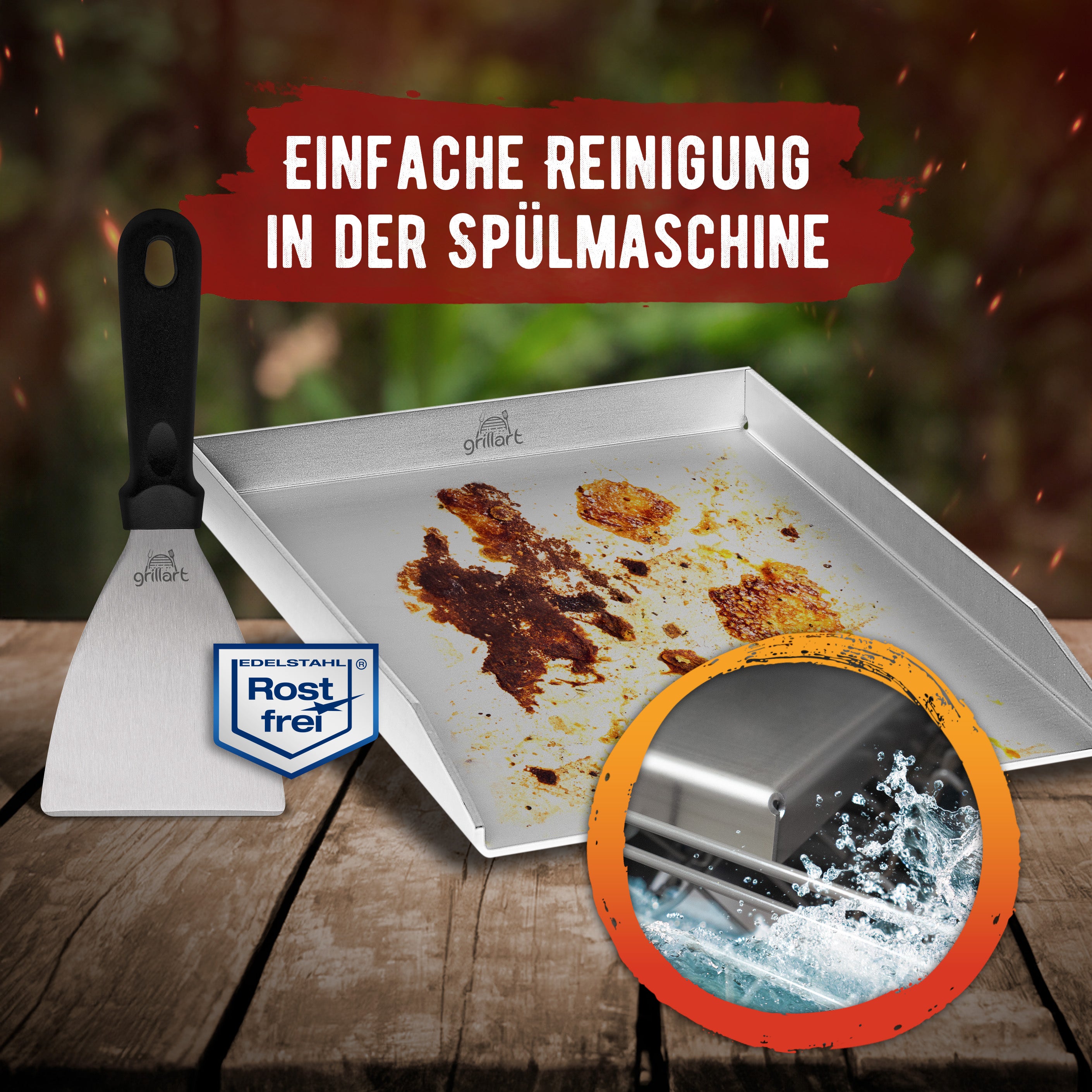 Premium Plancha Grillplatte aus hochwertigem Edelstahl inkl. Grillspachtel - hergestellt in Österreich (Induktionsgeeignet) - grillart®