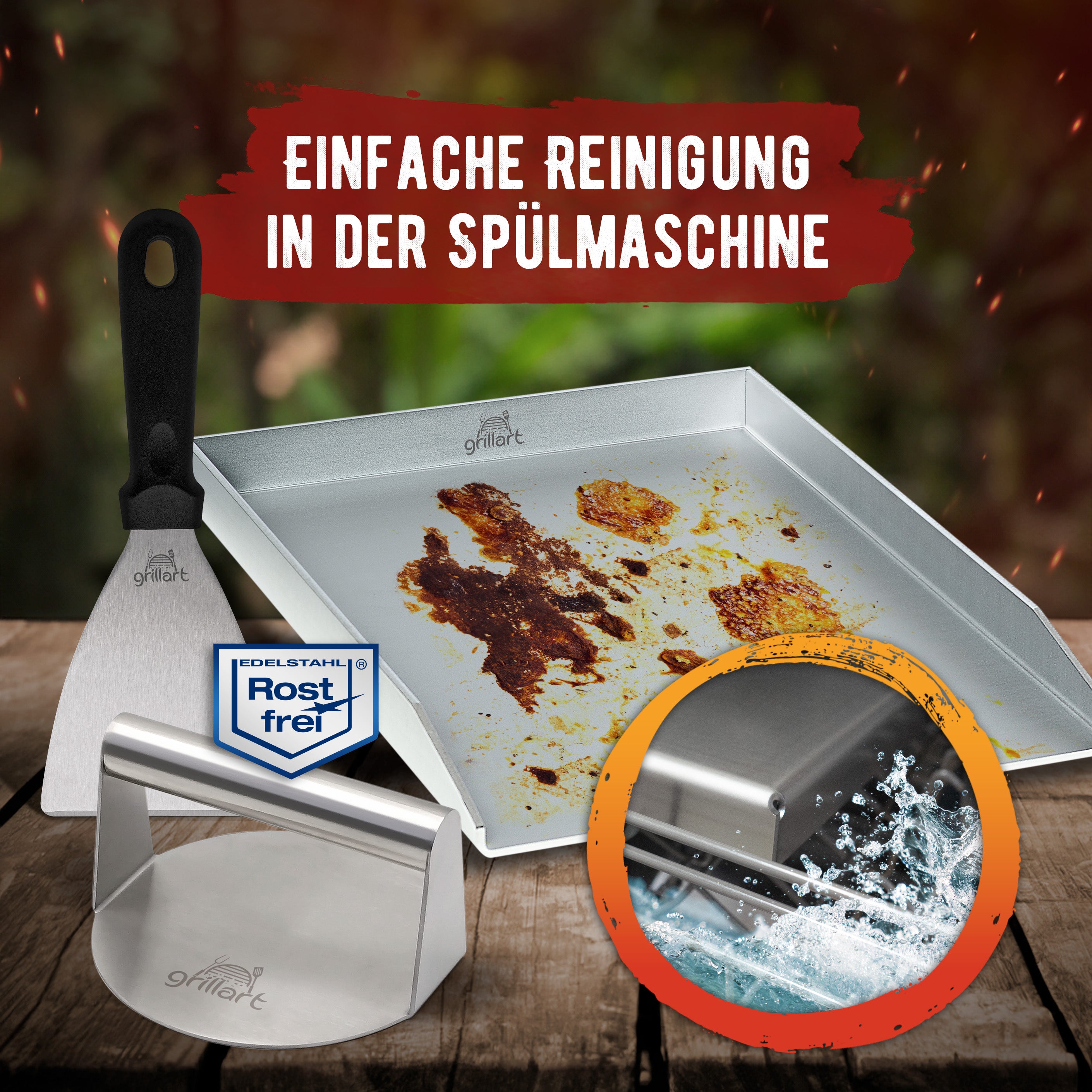 Premium Plancha Grillplatte aus hochwertigem Edelstahl inkl. Grillspachtel - hergestellt in Österreich (Induktionsgeeignet) - grillart®