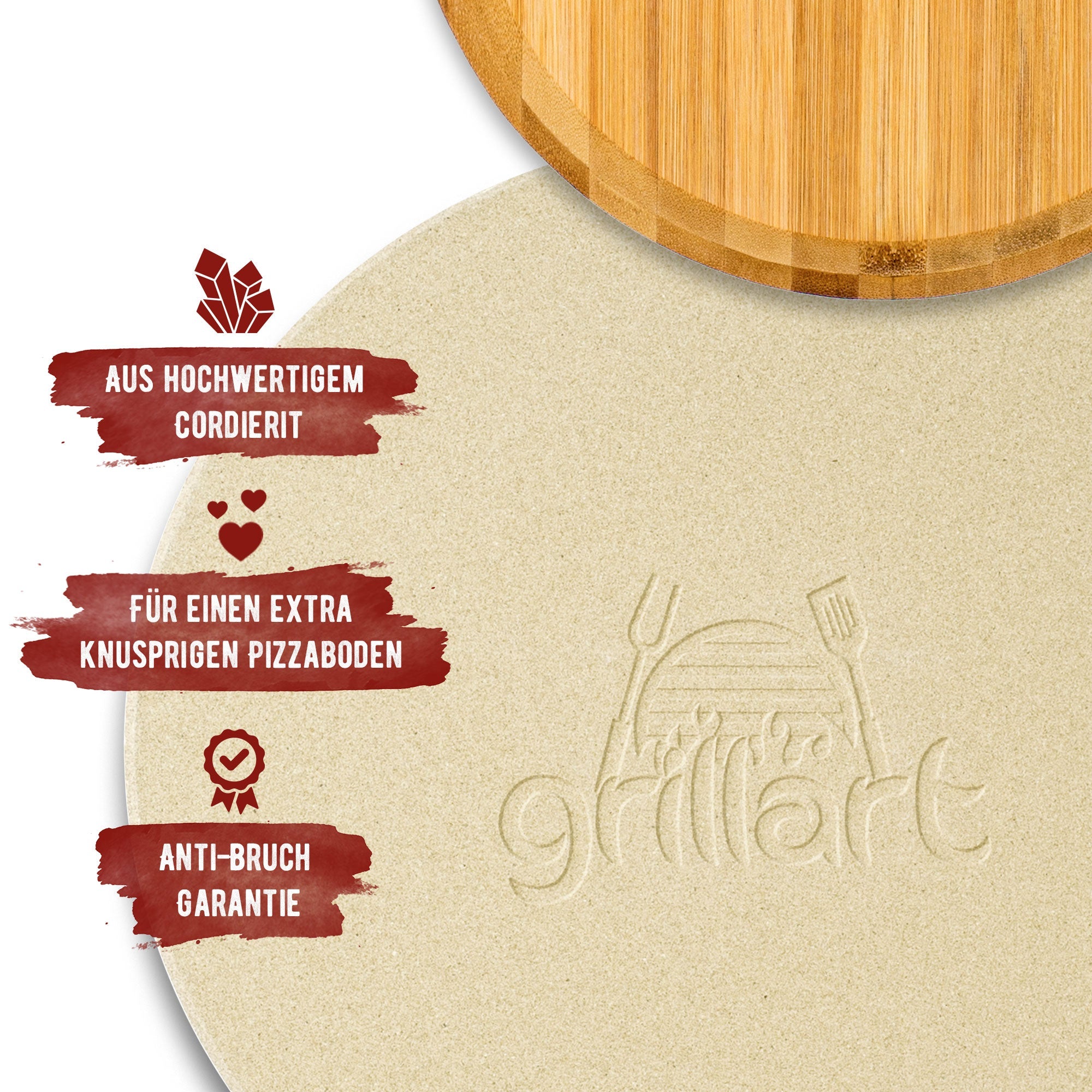 B - Ware Premium Pizzastein für Gasgrill, Holzkohlegrill und Backofen - im Set - Verpackung kann eingerissen oder beschädigt sein! - grillart®