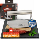 Premium Burgerpresse aus hochwertigem Edelstahl für Smashed Burger inkl. 30 Stk Burgerpapier - grillart®