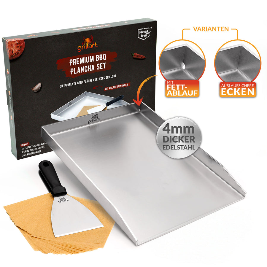 Premium Plancha Grillplatte aus hochwertigem Edelstahl inkl. Grillspachtel und Burgerpapier (Induktionsgeeignet)