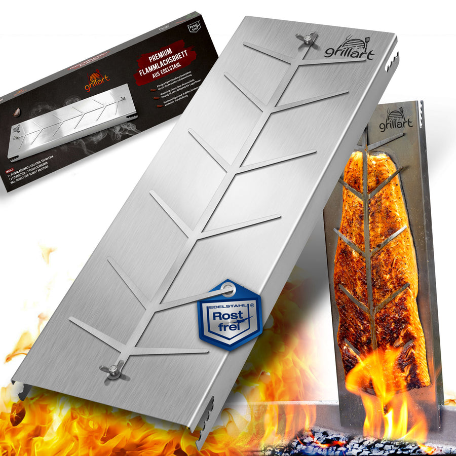 Premium Flammlachsbrett aus hochwertigem Edelstahl – 5-stufig verstellbar und um 180° drehbar