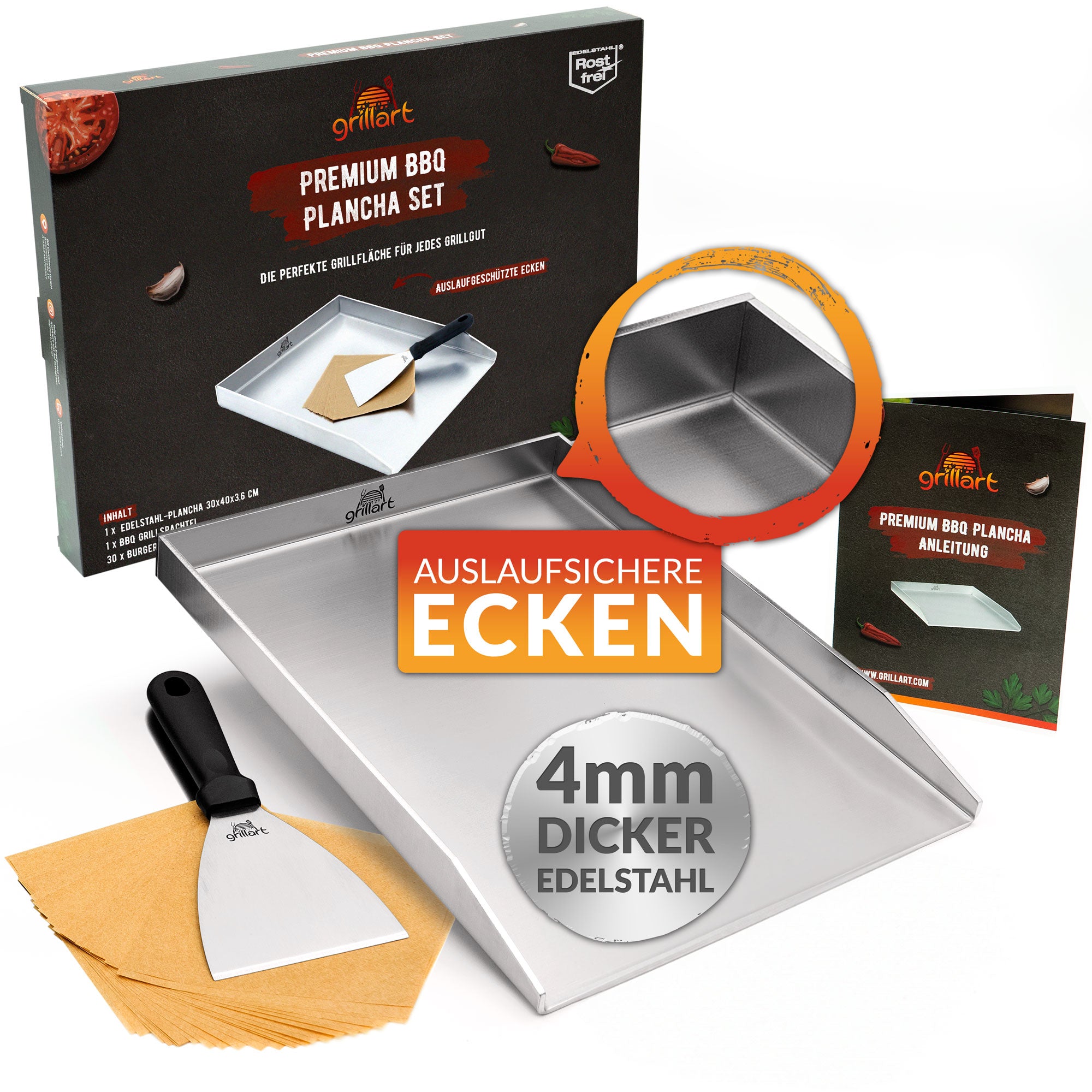Premium Plancha Grillplatte aus hochwertigem Edelstahl inkl. Grillspachtel und Burgerpapier (Induktionsgeeignet) - grillart®