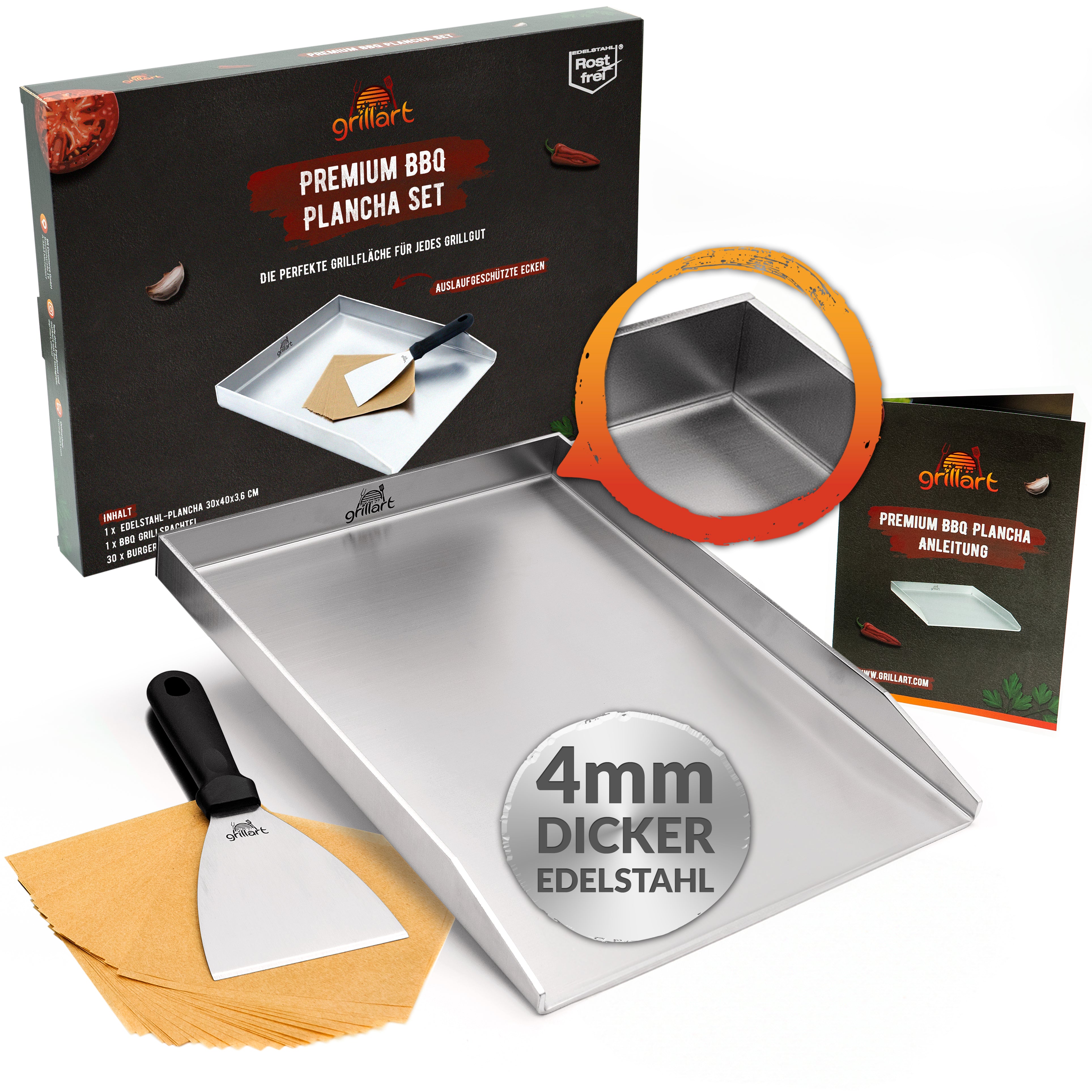 Premium Plancha Grillplatte aus hochwertigem Edelstahl inkl. Grillspachtel und Burgerpapier (Induktionsgeeignet)