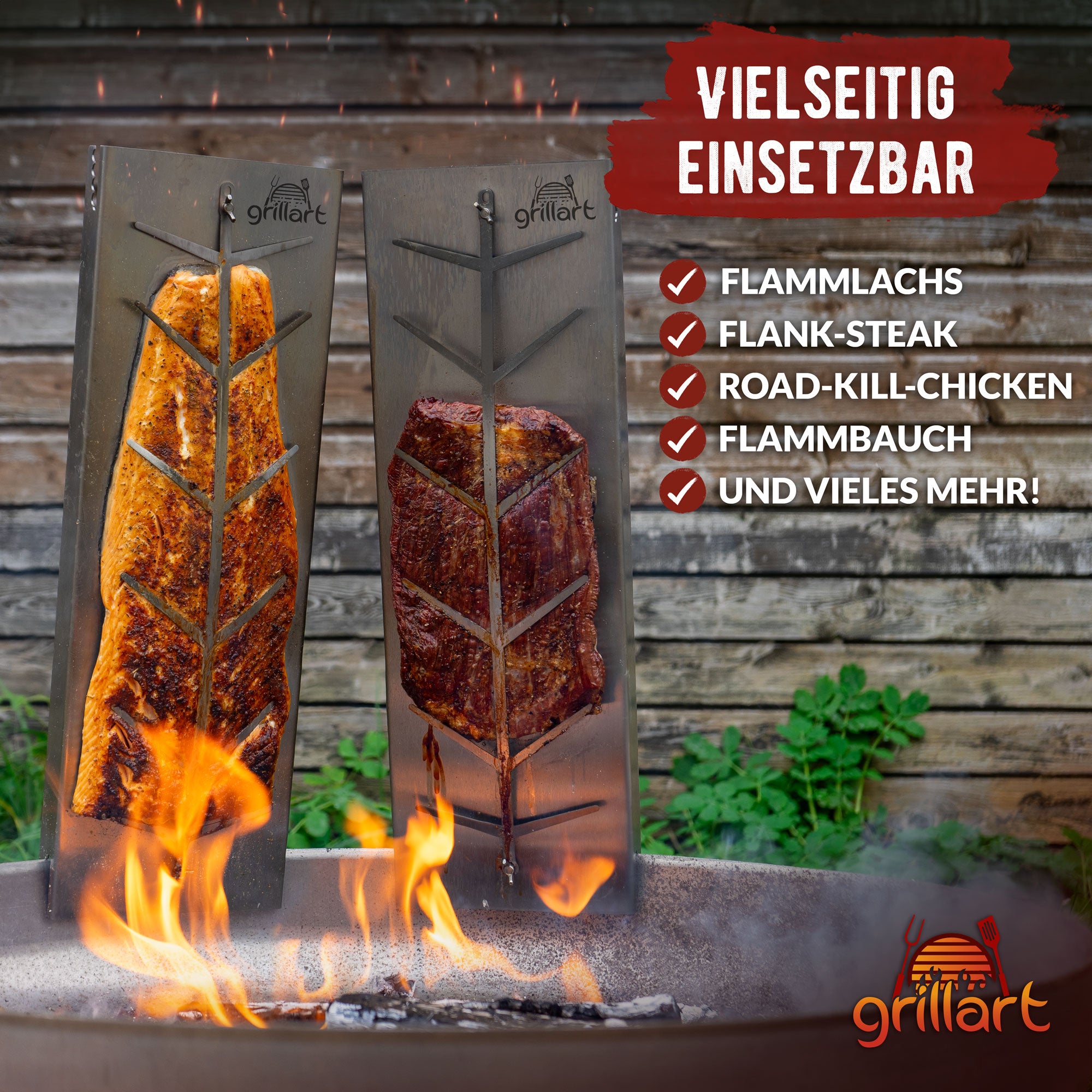 B-Ware! Premium Flammlachsbrett mit Halterung aus Edelstahl für herrlichen Flammlachs - Es können Risse und Astlöcher vorhanden sein - grillart®