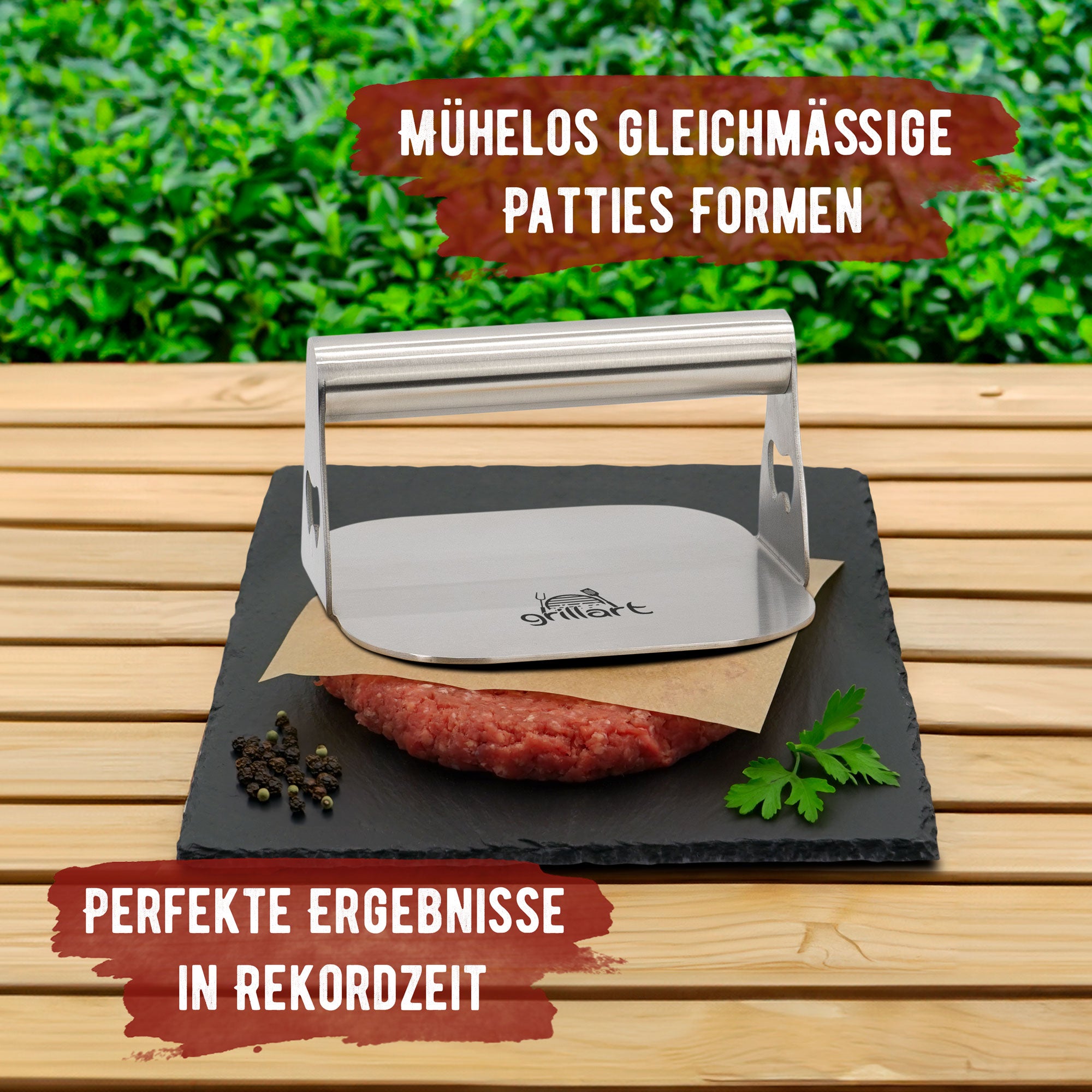 Premium Burgerpresse aus hochwertigem Edelstahl für Smashed Burger inkl. 30 Stk Burgerpapier - grillart®