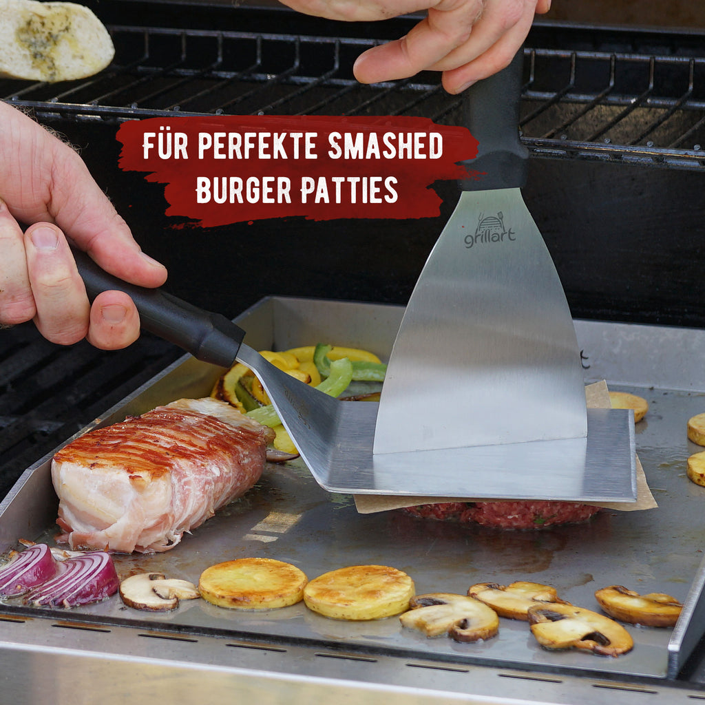 Premium Grillspachtel Set aus hochwertigem Edelstahl für Smashed Burger inkl. 30 Stk Burgerpapier – Grillspachtel für Plancha & Teppanyaki - grillart®