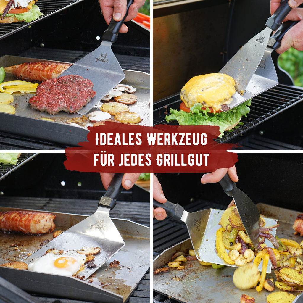 Premium Grillspachtel Set aus hochwertigem Edelstahl für Smashed Burger inkl. 30 Stk Burgerpapier – Grillspachtel für Plancha & Teppanyaki - grillart®