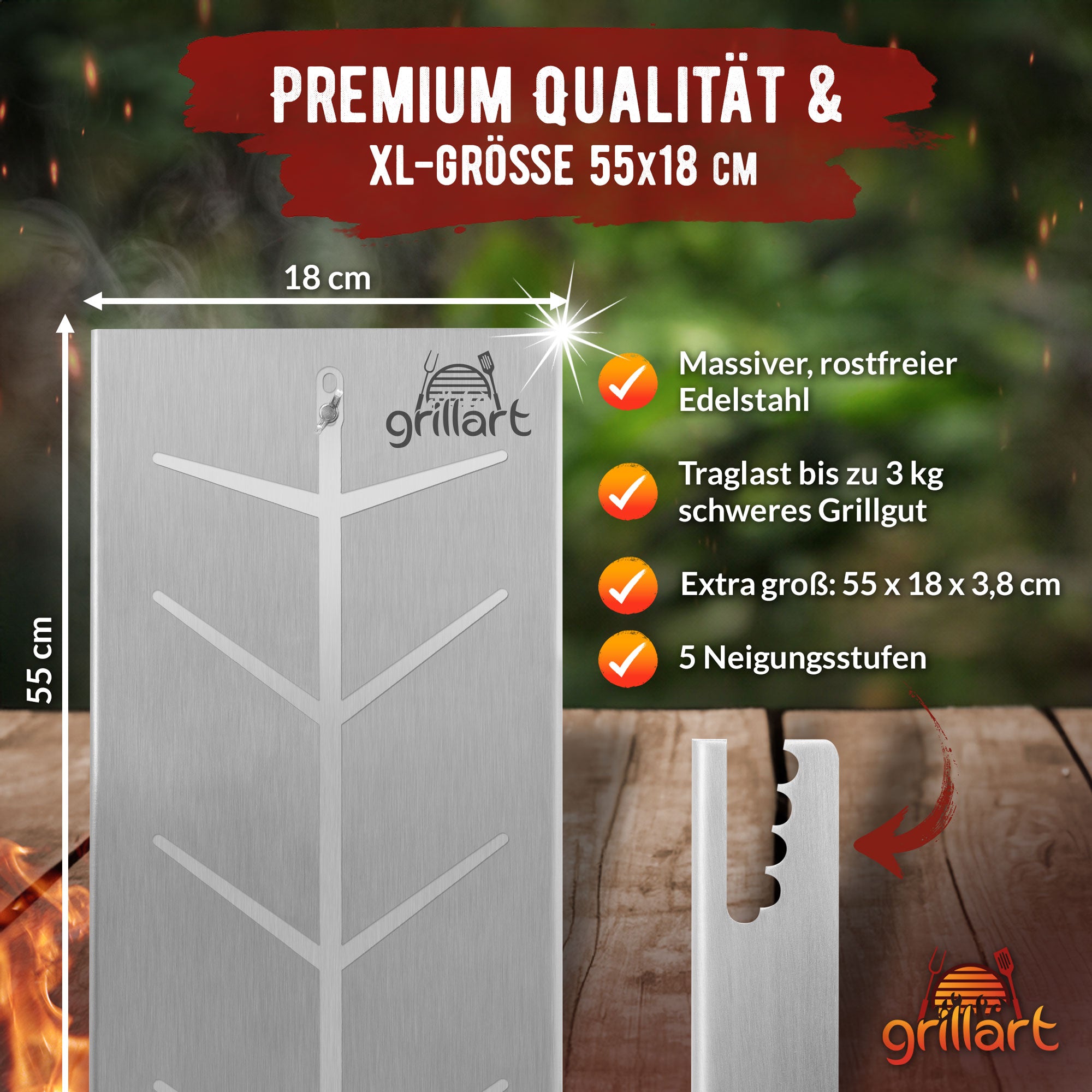 B-Ware! Premium Flammlachsbrett mit Halterung aus Edelstahl für herrlichen Flammlachs - Es können Risse und Astlöcher vorhanden sein - grillart®