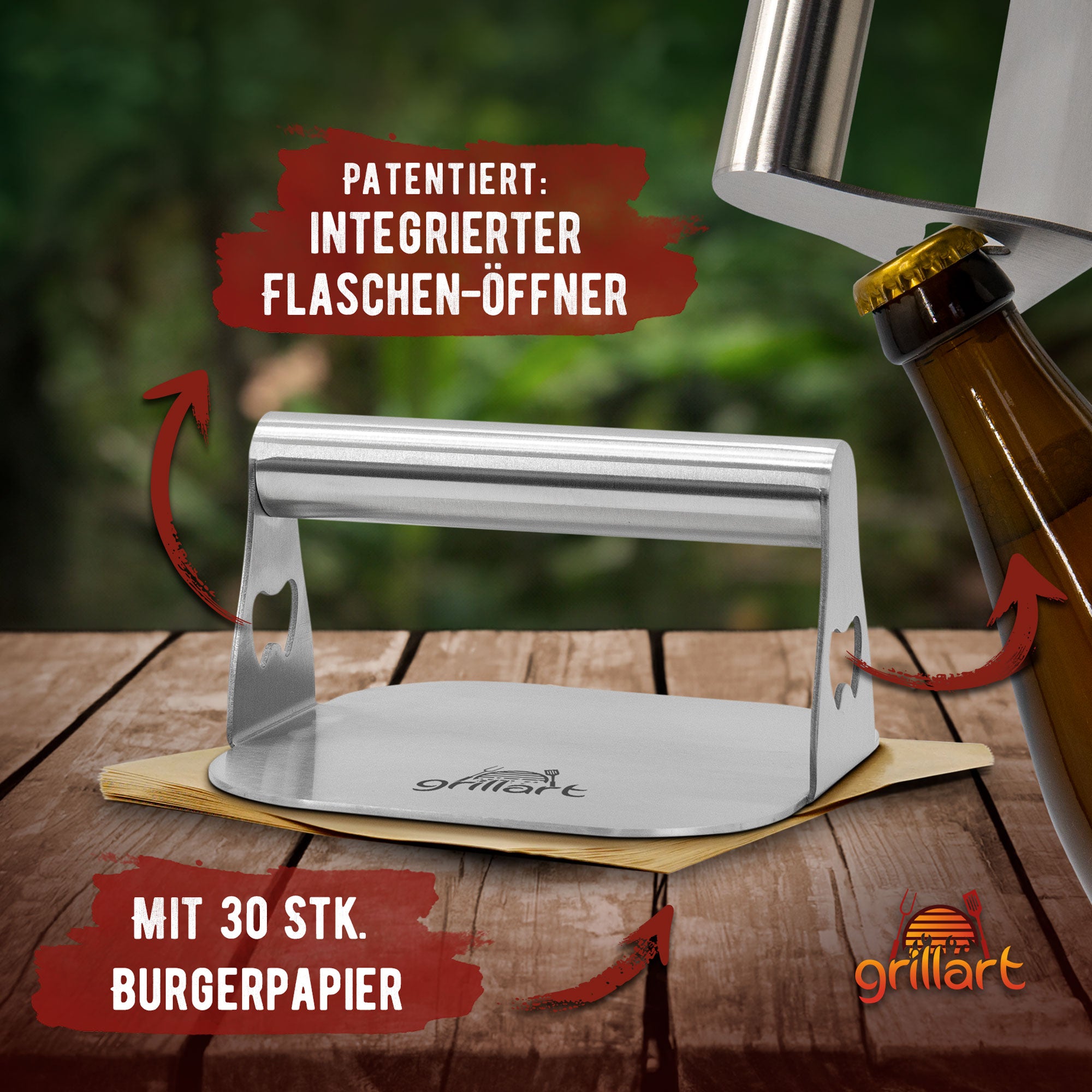 Premium Burgerpresse aus hochwertigem Edelstahl für Smashed Burger inkl. 30 Stk Burgerpapier - grillart®