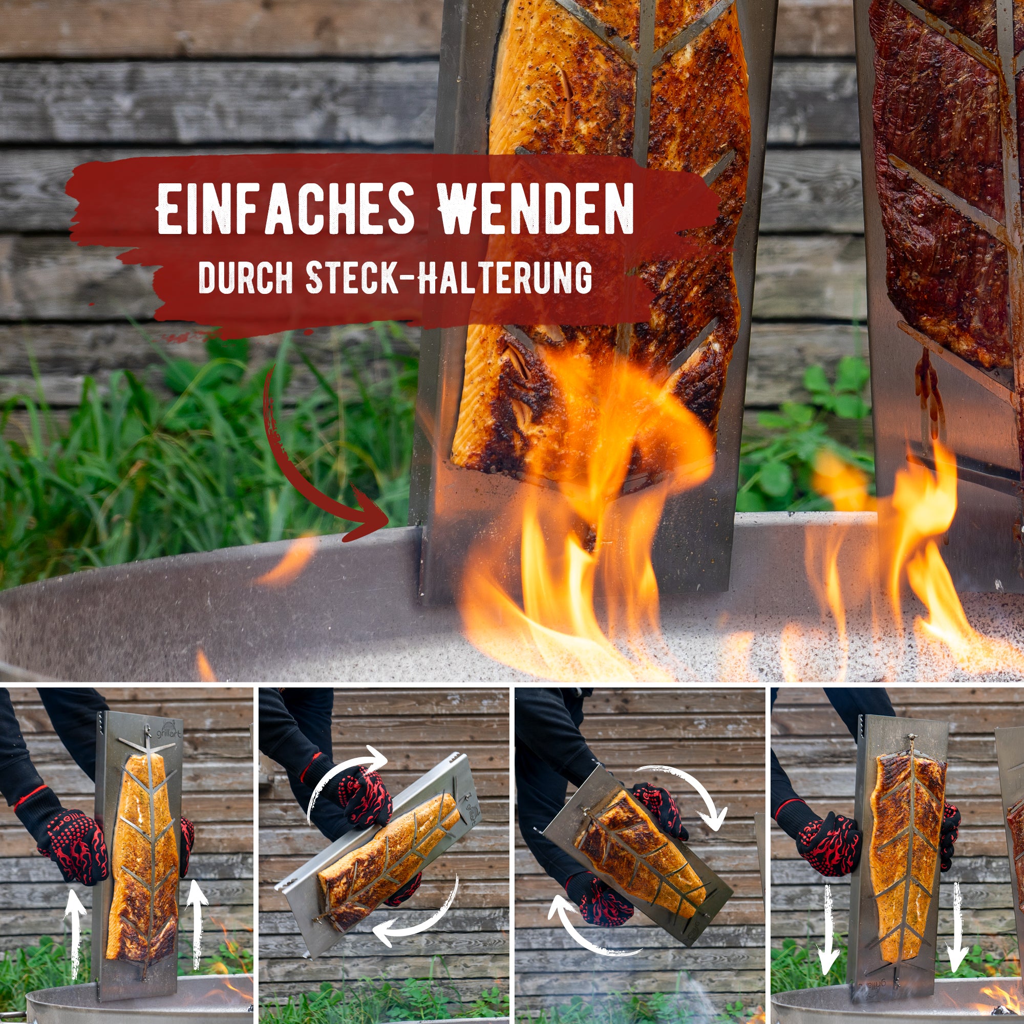B-Ware! Premium Flammlachsbrett mit Halterung aus Edelstahl für herrlichen Flammlachs - Es können Risse und Astlöcher vorhanden sein - grillart®