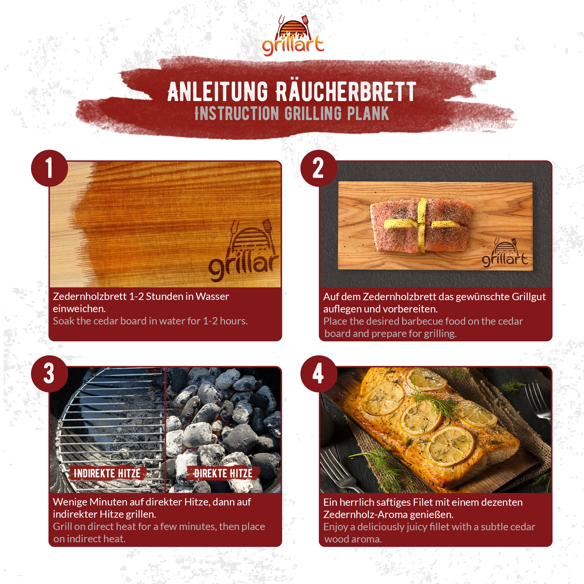 B-Ware! - Räucherbretter zum Grillen – aus 100% natürlichem Holz - Es können Risse und Astlöcher vorkommen! - grillart®