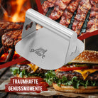 Premium Burgerpresse aus hochwertigem Edelstahl für Smashed Burger inkl. 30 Stk Burgerpapier - grillart®