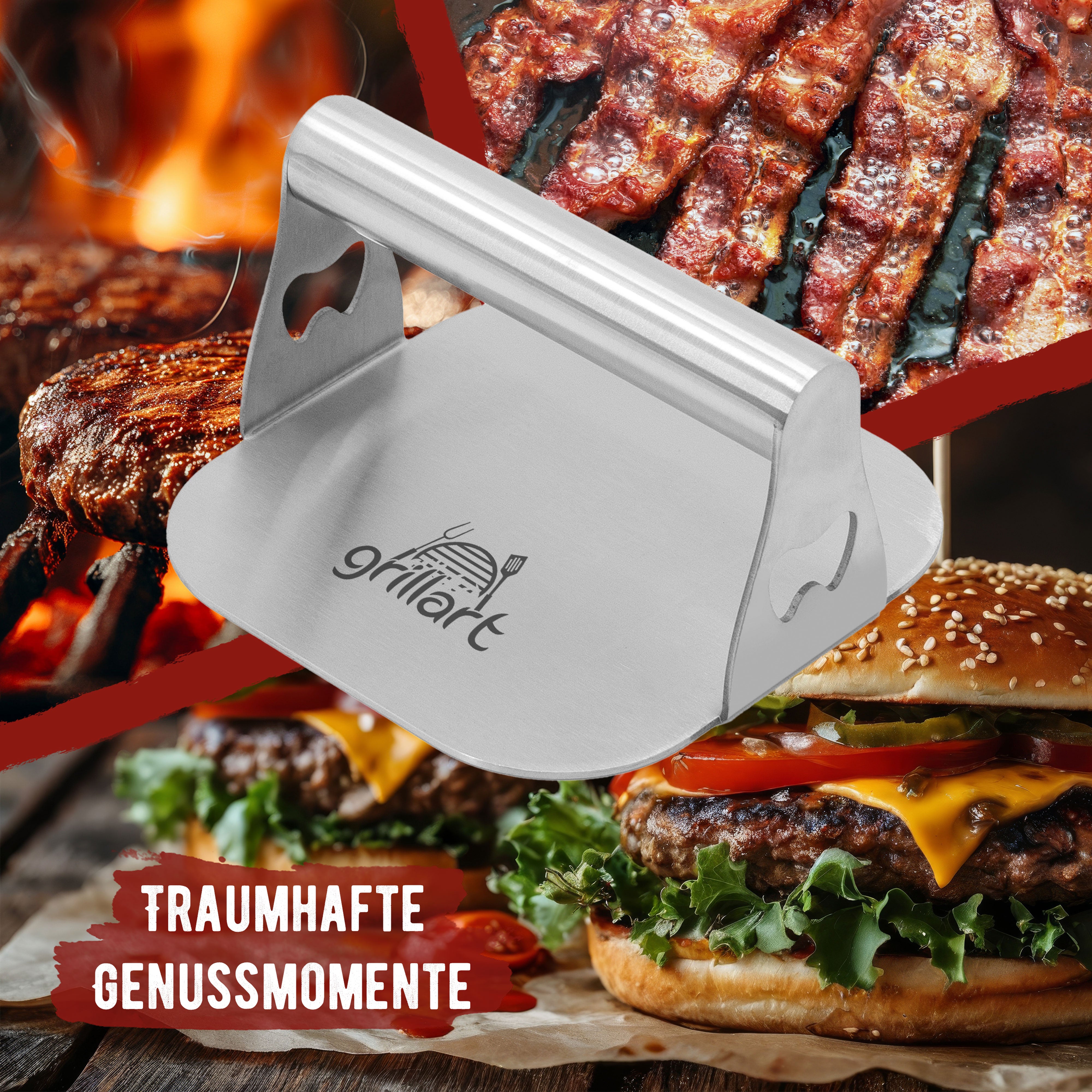 Premium Burgerpresse aus hochwertigem Edelstahl für Smashed Burger inkl. 30 Stk Burgerpapier - grillart®