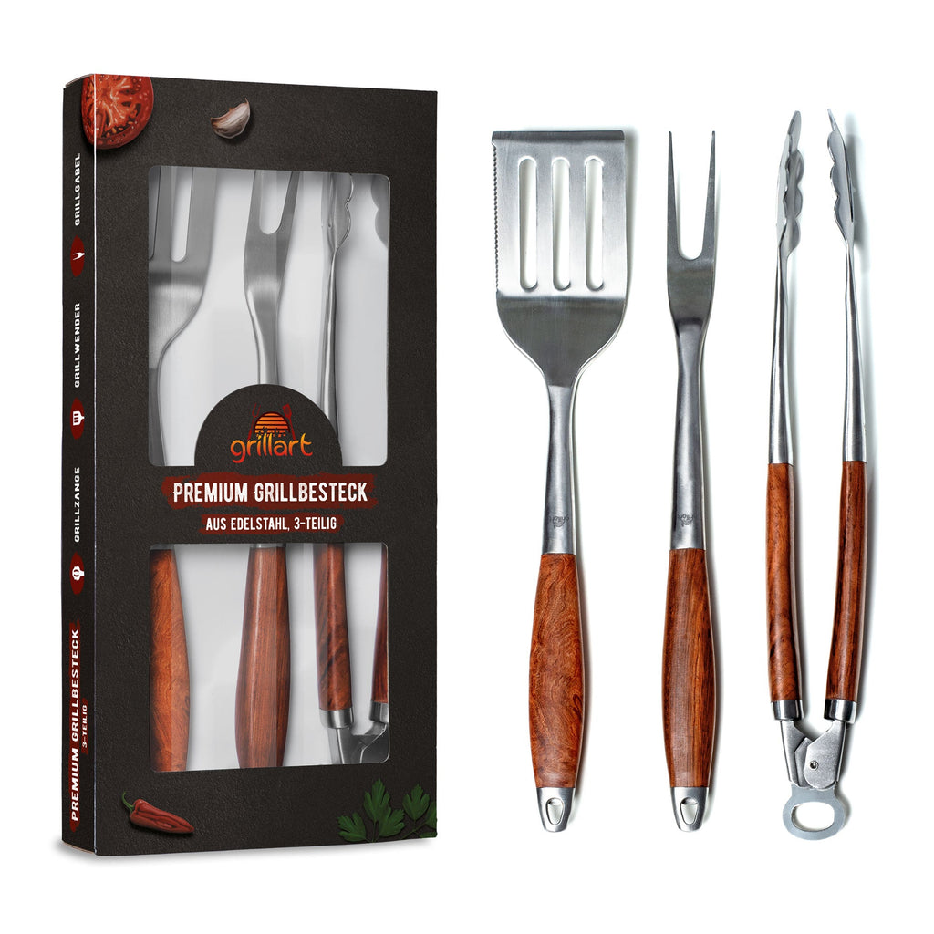 B - Ware! grillart® Premium Grillbesteck Set, 3 - teilig aus hochwertigem Edelstahl und edlen Holzgriffen - Verpackung kann eingerissen oder beschädigt sein! - grillart®