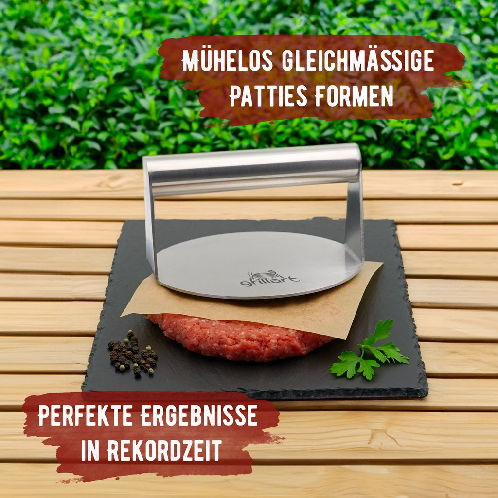 B - Ware Premium Burgerpresse aus hochwertigem Edelstahl für Smashed Burger inkl. 30 Stk Burgerpapier - Verpackung kann eingerissen oder beschädigt sein! - grillart®