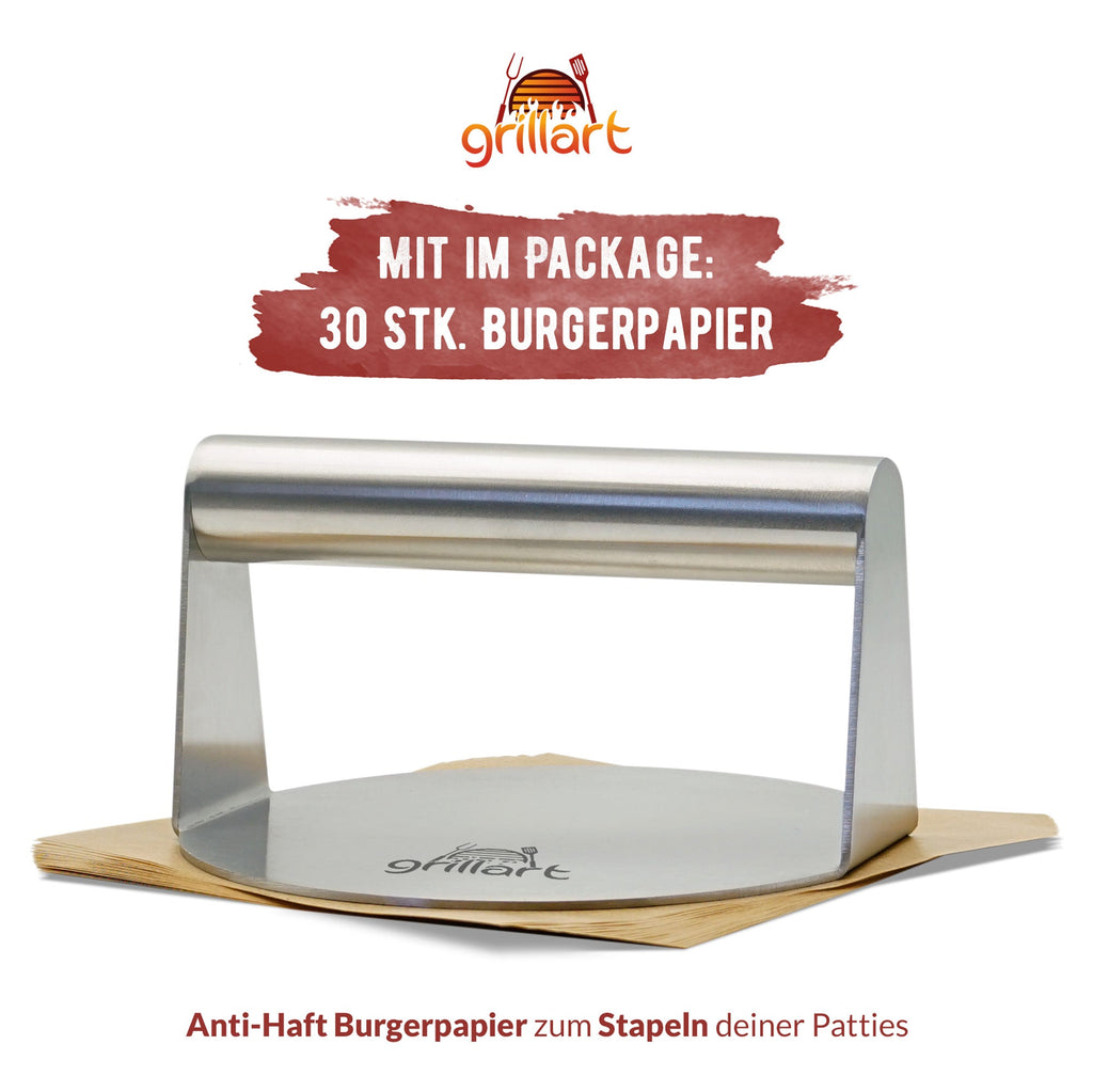 B - Ware Premium Burgerpresse aus hochwertigem Edelstahl für Smashed Burger inkl. 30 Stk Burgerpapier - Verpackung kann eingerissen oder beschädigt sein! - grillart®