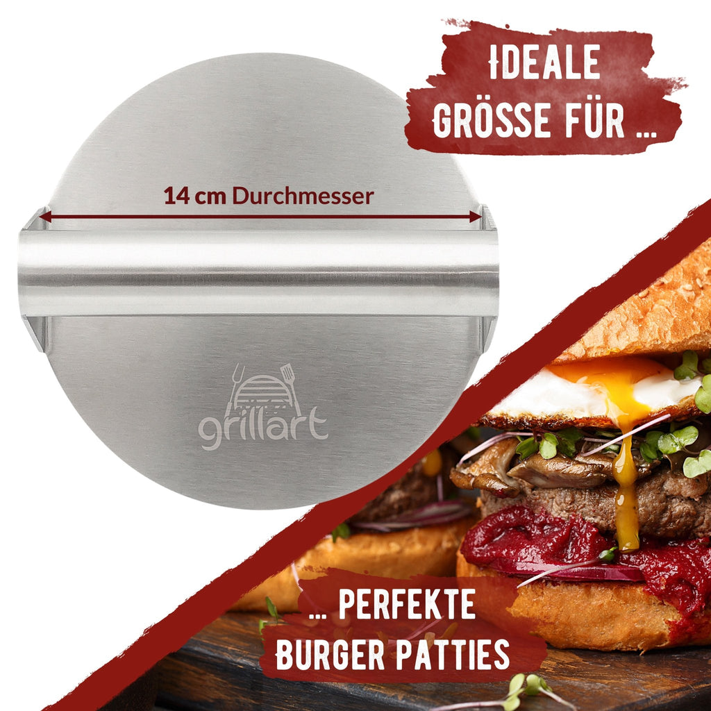 B - Ware Premium Burgerpresse aus hochwertigem Edelstahl für Smashed Burger inkl. 30 Stk Burgerpapier - Verpackung kann eingerissen oder beschädigt sein! - grillart®