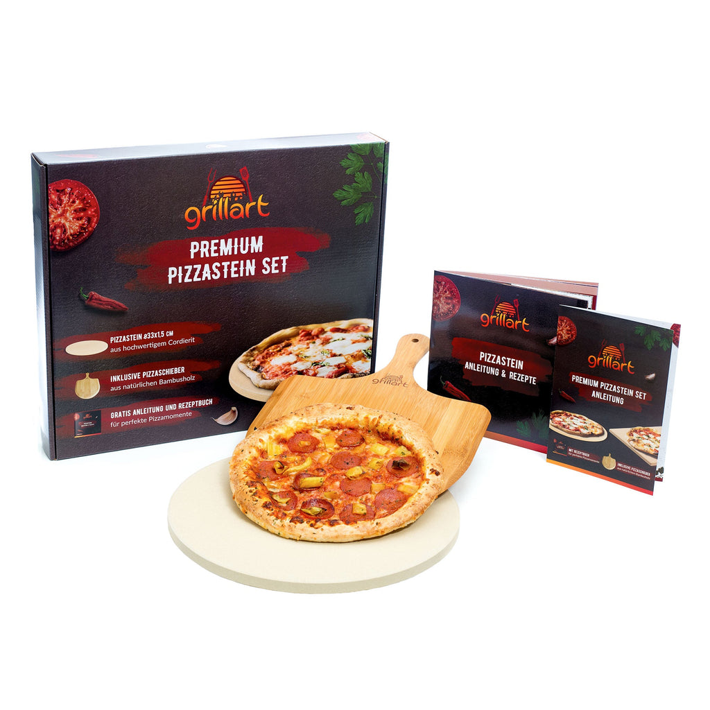 B - Ware Premium Pizzastein für Gasgrill, Holzkohlegrill und Backofen - im Set - Verpackung kann eingerissen oder beschädigt sein! - grillart®