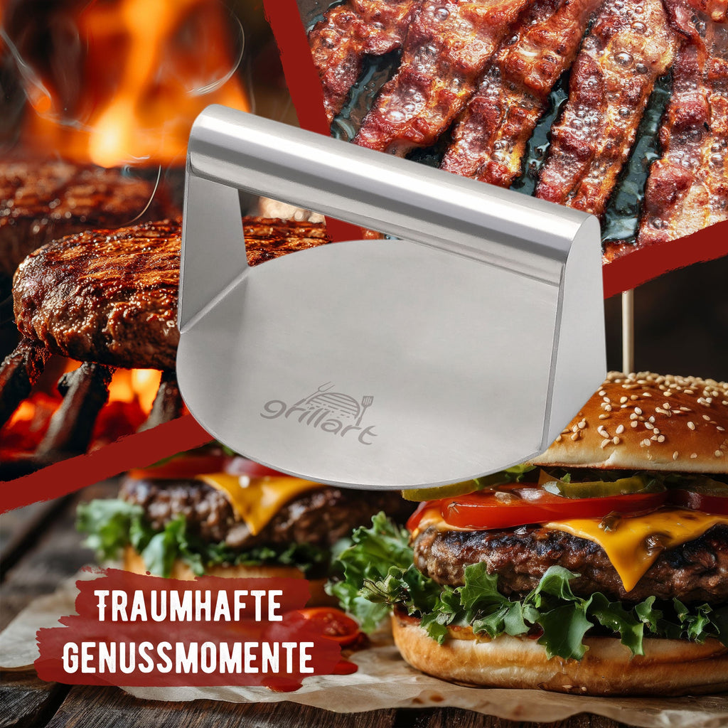 Premium Burgerpresse aus hochwertigem Edelstahl für Smashed Burger inkl. 30 Stk Burgerpapier - grillart®