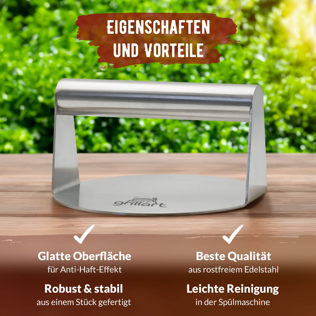 Premium Burgerpresse aus hochwertigem Edelstahl für Smashed Burger inkl. 30 Stk Burgerpapier - grillart®